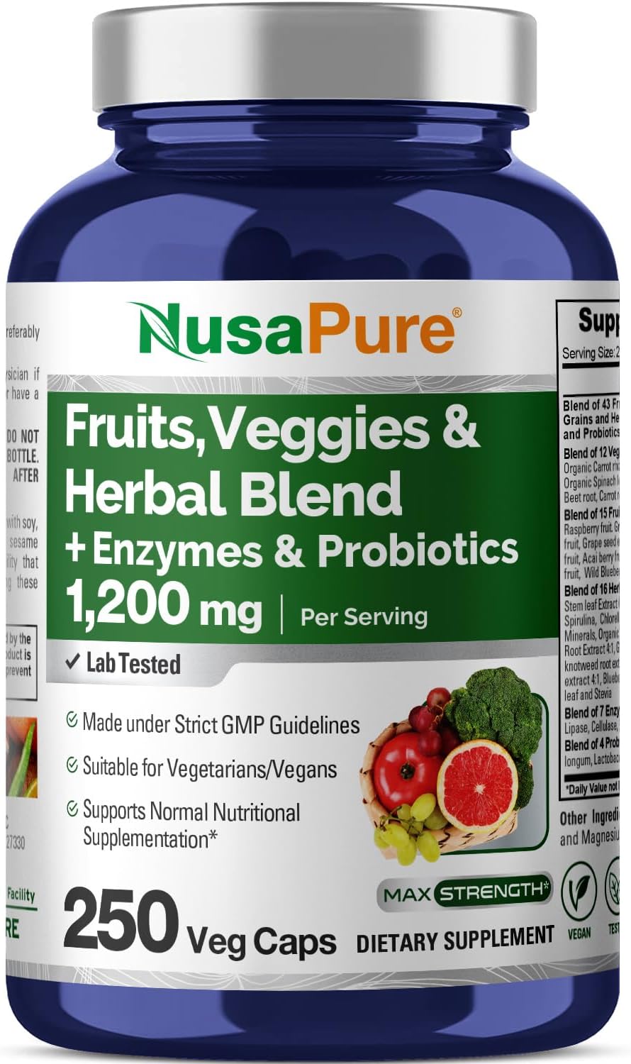 NusaPure Fruits and Veggies Supplement 1200 mg 250 Capsules - 43 Fruits & Vegetables,11 Enzymes, Probiotics (Vegan/Vegetarian, Non-GMO)