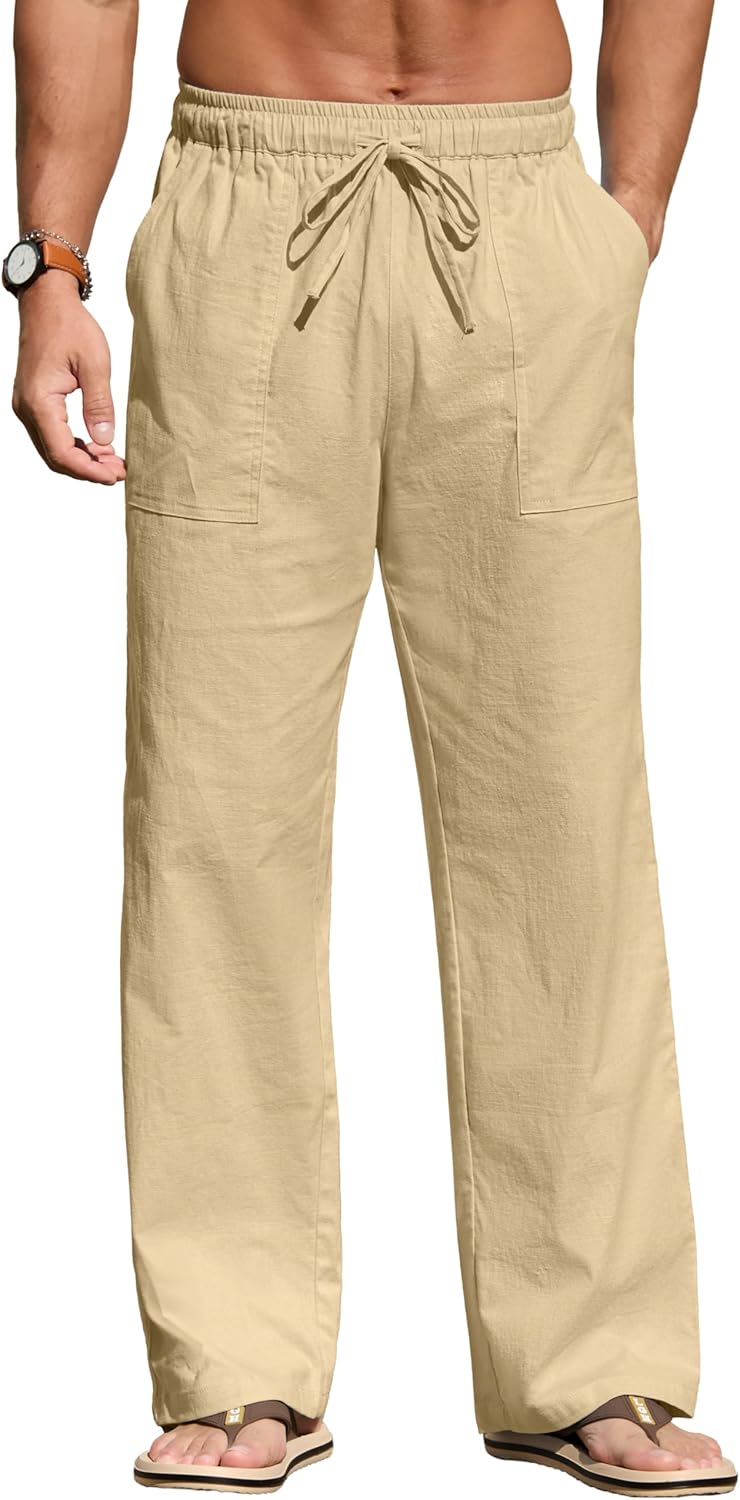 Sailwind Men's Casual Linen Pants Beach Summer Elastic Waist Drawstring Pants Lightweight Linen Trousers