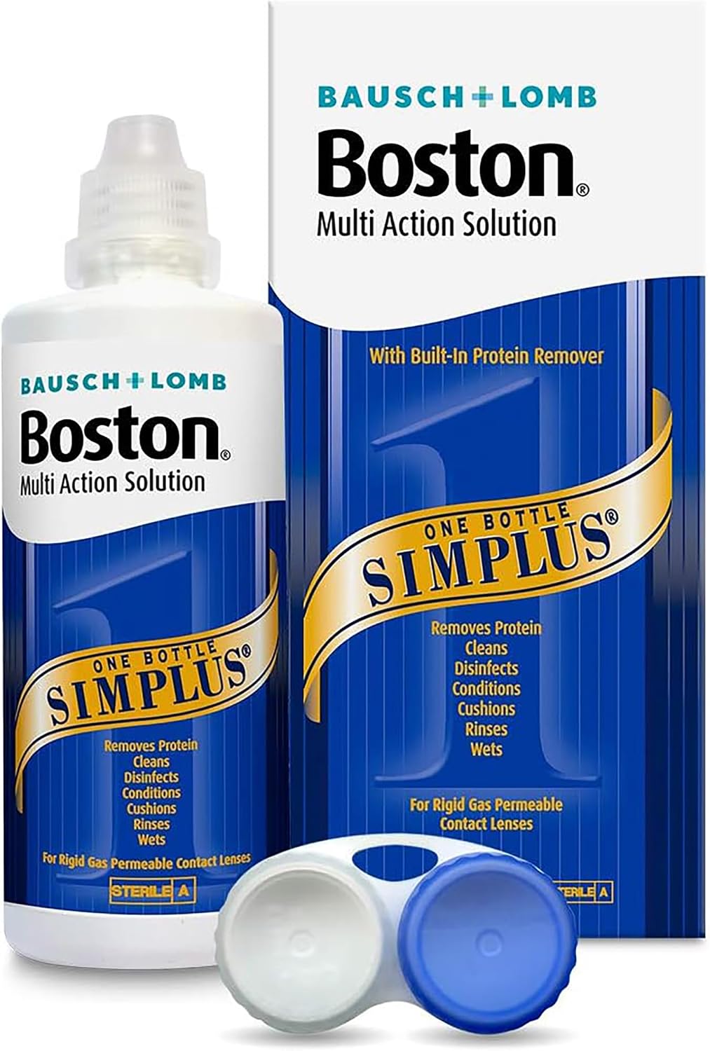 Boston Simplus Contact Lens Solution, for RGP Lenses, 1 x 120 ml | Bausch + Lomb, Rigid Gas Permeable Contact Lenses, One-step Bottle, Removes Proteins, Lens Case Included