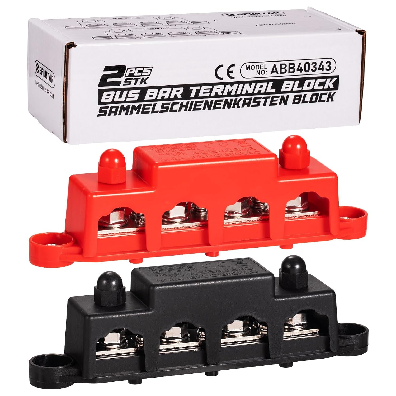 Spurtar 12V Bus Bar 12V Power Distribution Block with 4x 5/16'' M8 Terminal Studs, 3x #8 M4 Screws Bus Bar Terminal Block 12V 24V 48V 250A for Car Truck RV ATV Boat Trailer
