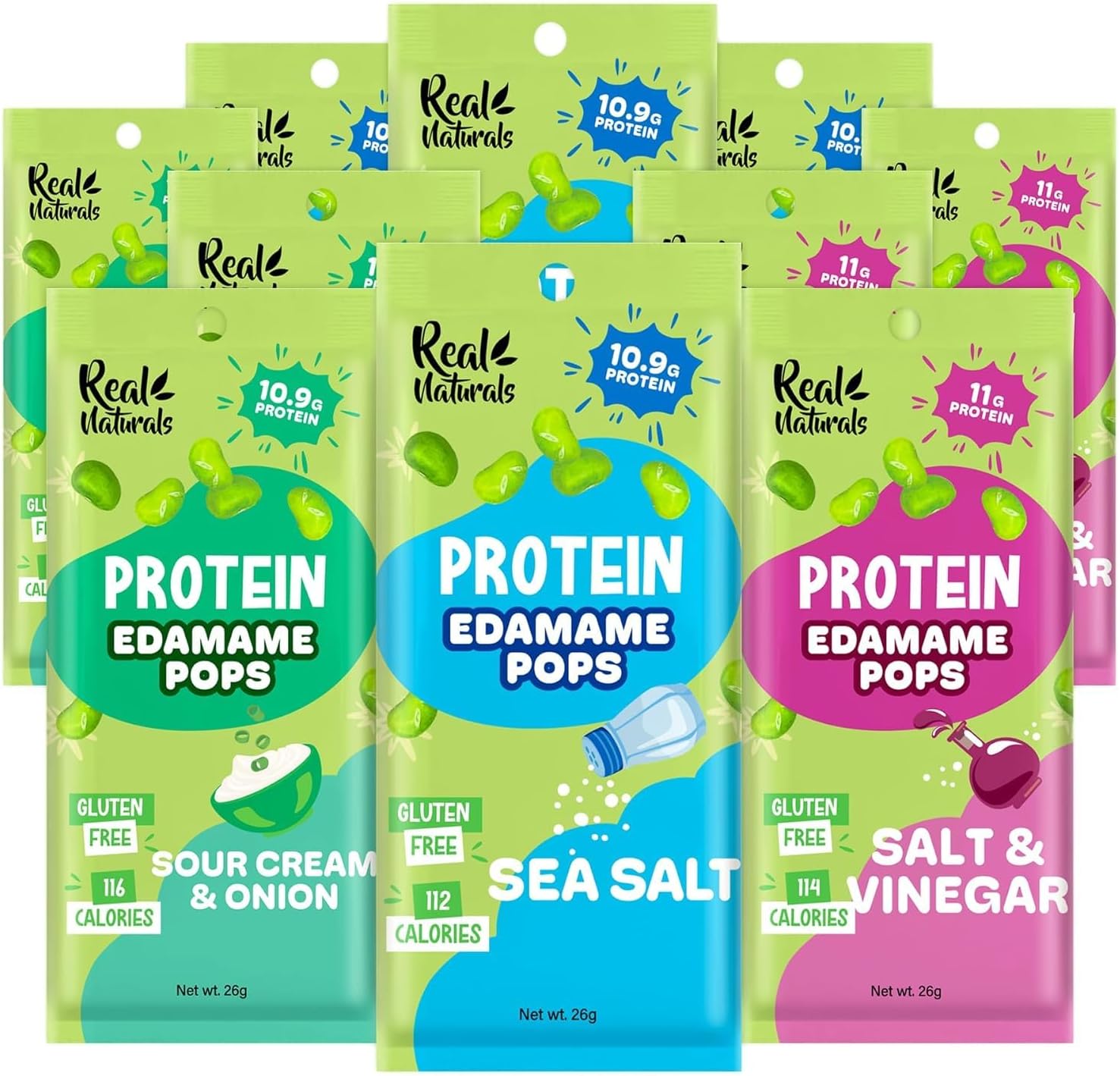 Edamame Beans snack (10x26g Packs) High Protein, High Fibre snack, Variety Pack Sea Salt, Salt & Vinegar, Sour Cream & Onion flavour. Keto snacks, low carb protein snacks vegan gluten free
