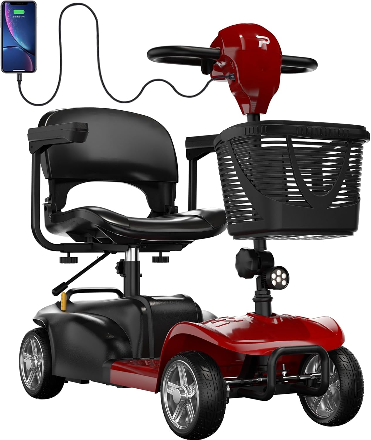 4 Wheels Mobility Scooter for Adults, 15 Miles Long Travel Range Foldable Lightweight Mobility Scooter, 350 lbs Capacity, Motorized Scooter for Seniors with LED Headlight and Detachable Basket (Red)