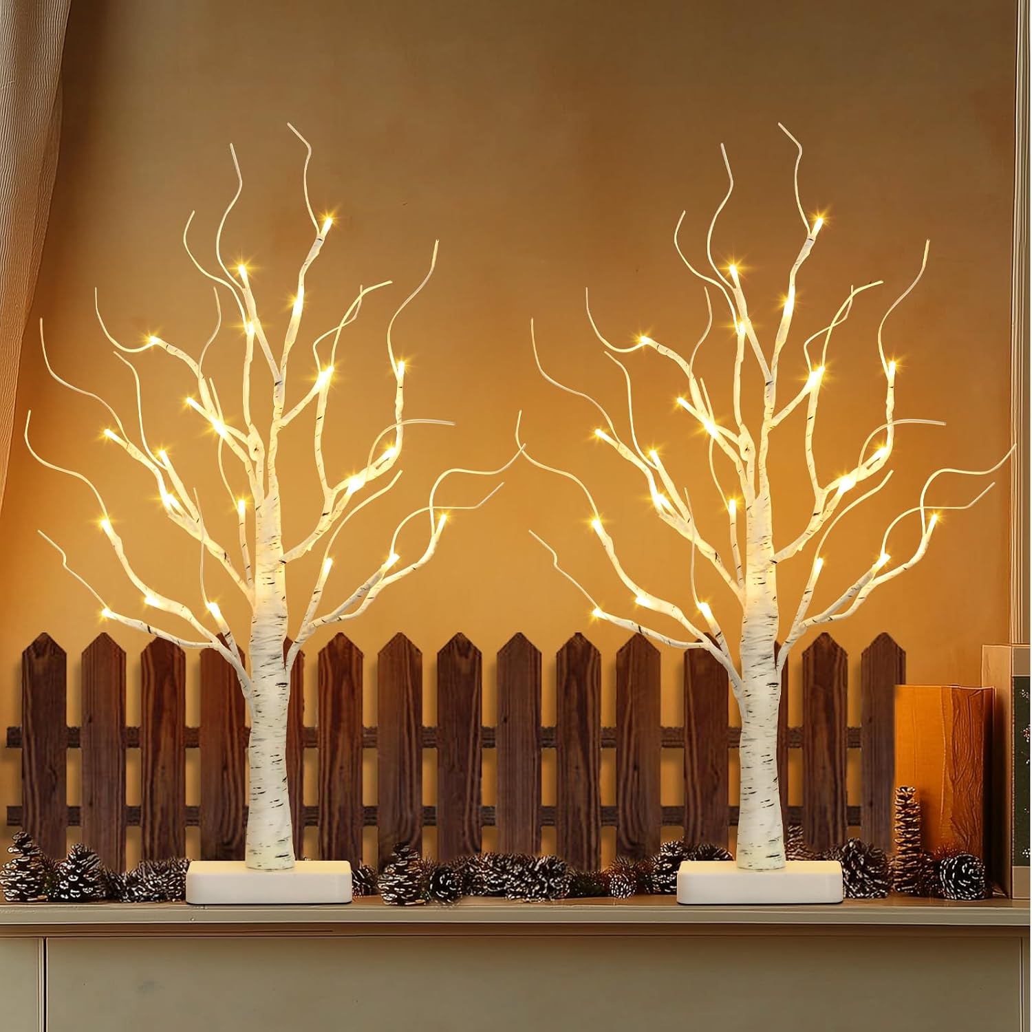 EAMBRITE Birch Tree with Led Lights, 4th of July Tree, Lighted Mini Small Artificial Tree Lamp Prelit Twig Trees Timer Battery Operated for Christmas Table Centerpiece Home Decor Indoor 2Pack