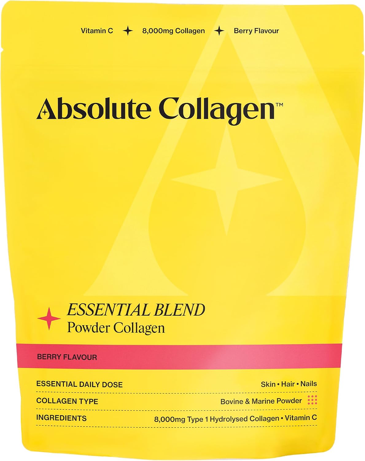 Absolute Collagen Essential Blend Halal Powder Collagen | Berry Flavour | 8000mg Collagen (5000mg Bovine & 3000mg Marine) | 60mg Vitamin C | Supports Hair, Nail & Skin Health | 4 Week Supply