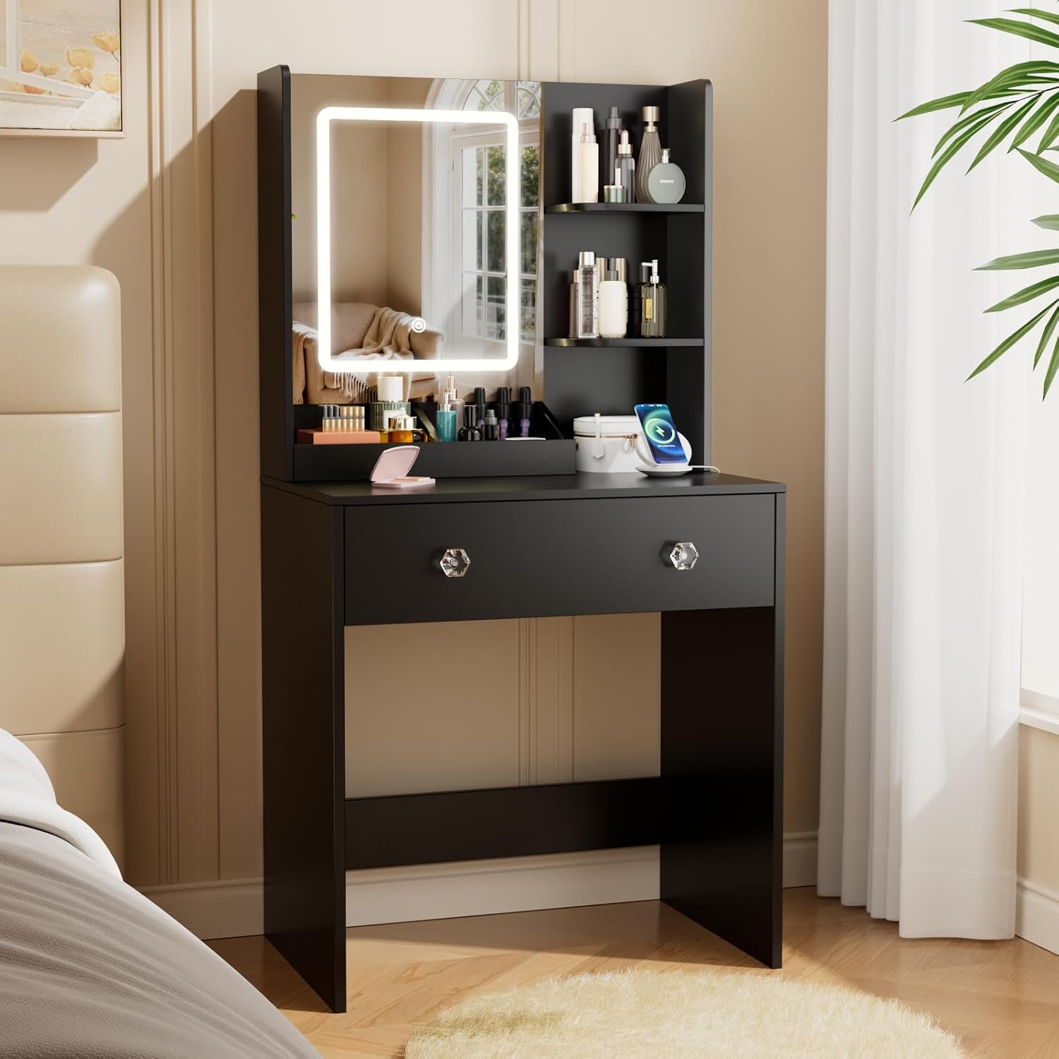 Korfile 24" Black Small Vanity Desk with Lighted Mirror & Power Outlet | Smart LED Mirror with 3 Color Modes,5 Storage Shelves & 2 Drawers,Power Outlet,Fits small spaces