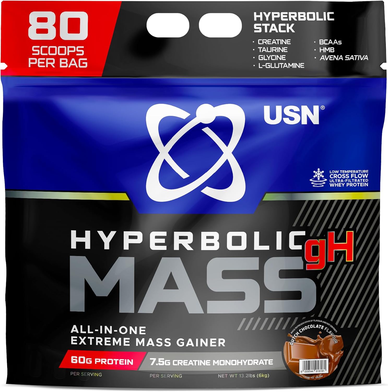 USN Hyperbolic Mass Dutch Chocolate 6kg: High Calorie Mass Gainer Protein Powder for Muscle Building and Weight Gain - Improved Formula & Flavour with 7.5g Creatine Monohydrate and Less Sugar