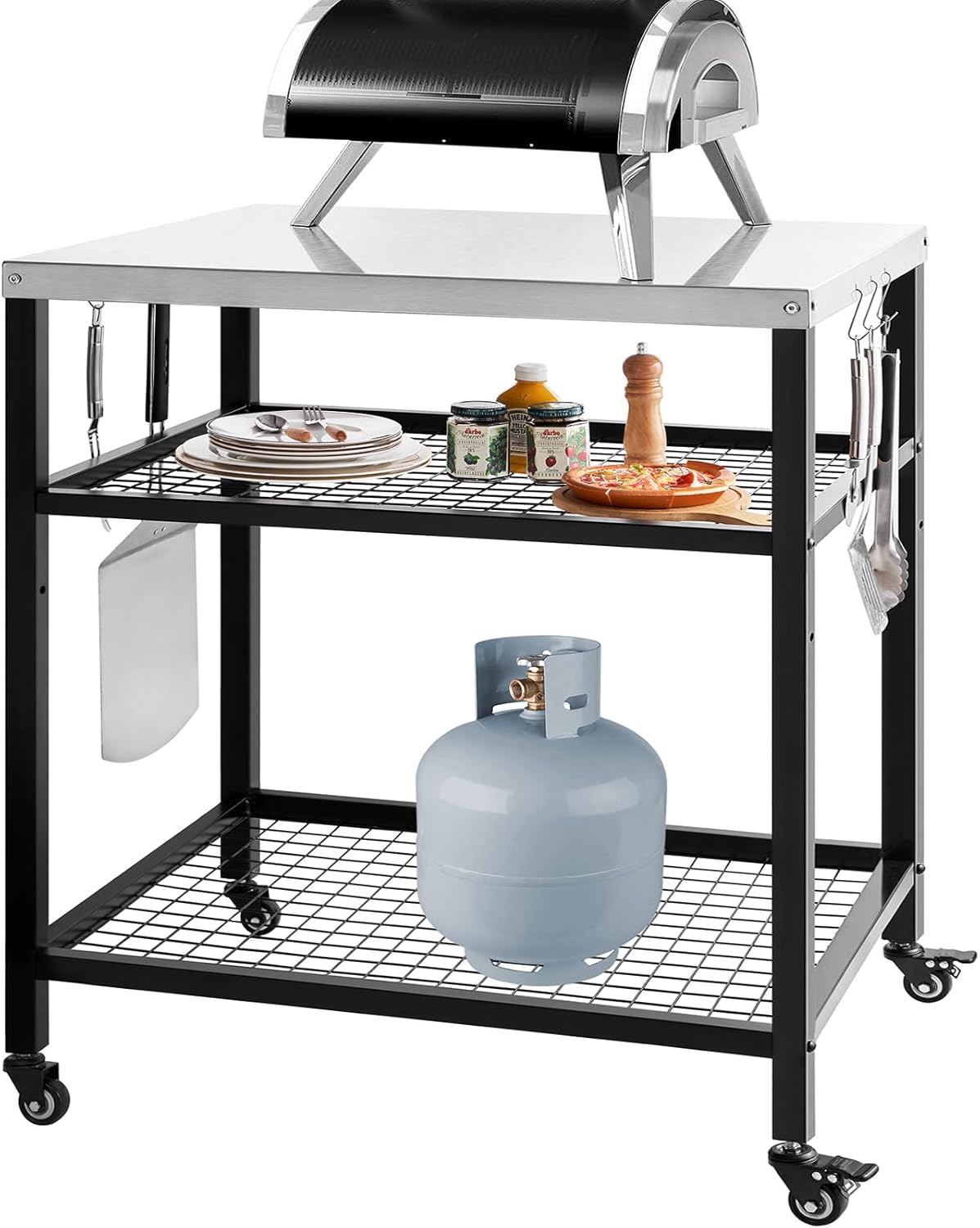 Outdoor Pizza Oven Stand Grill Cart Table Pizza Oven Trolley Stand Stainless Steel Table on Wheels Dining Food Prep Table BBQ Grill Stand for Kitchen Patio Backyard Garden 80x60x90cm