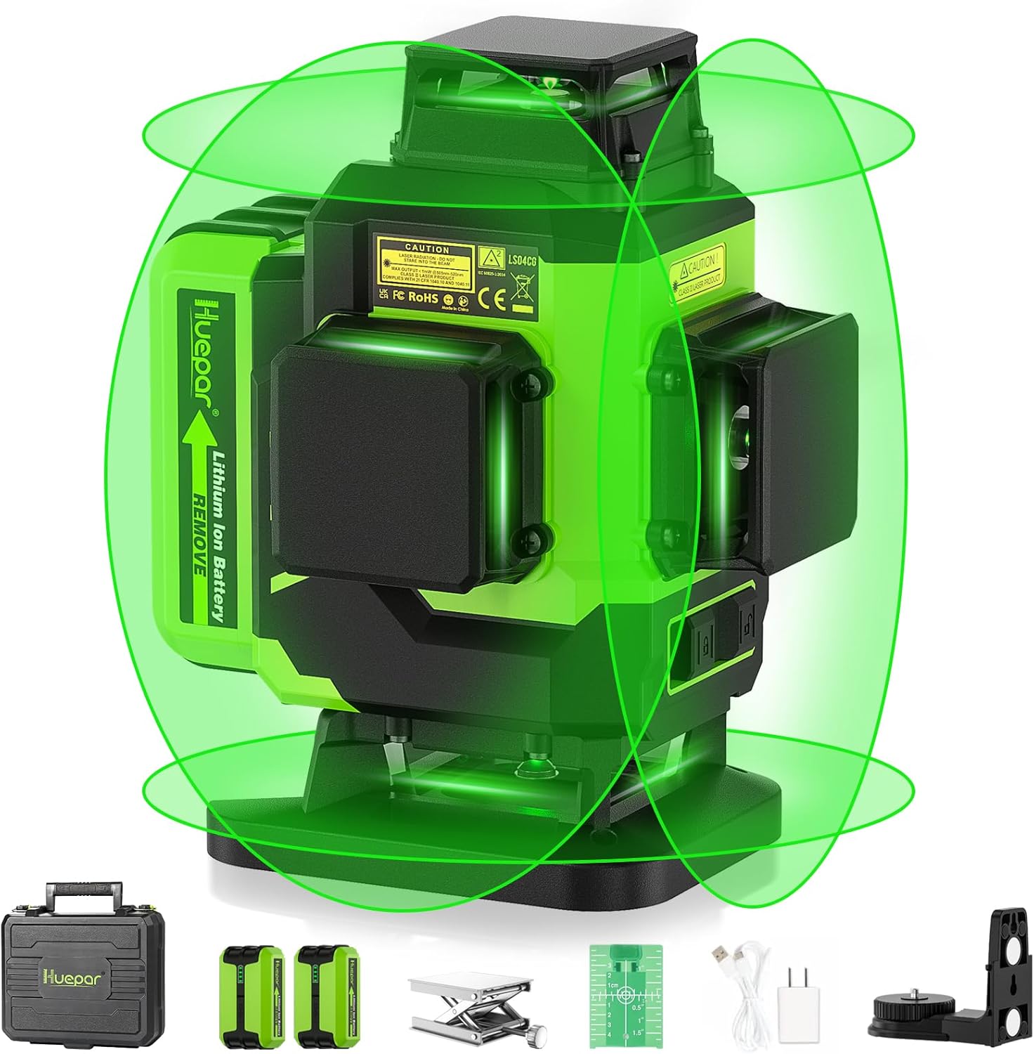 Huepar Laser Level, Self-leveling 16 Lines Green Beam 4D Cross Line Tiling Floor Laser Tool-2 x 360 Horizontal & 2 x 360 Vertical Laser Lines with Two Li-ion Batteries and Hard Carry Case-LS04CG