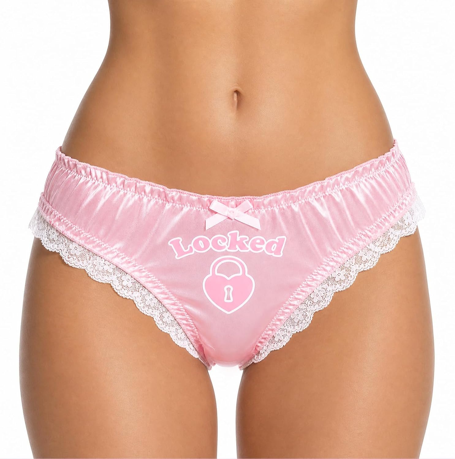 Pink Heart Lock Chastity Sissy Satin Hipster Panties
