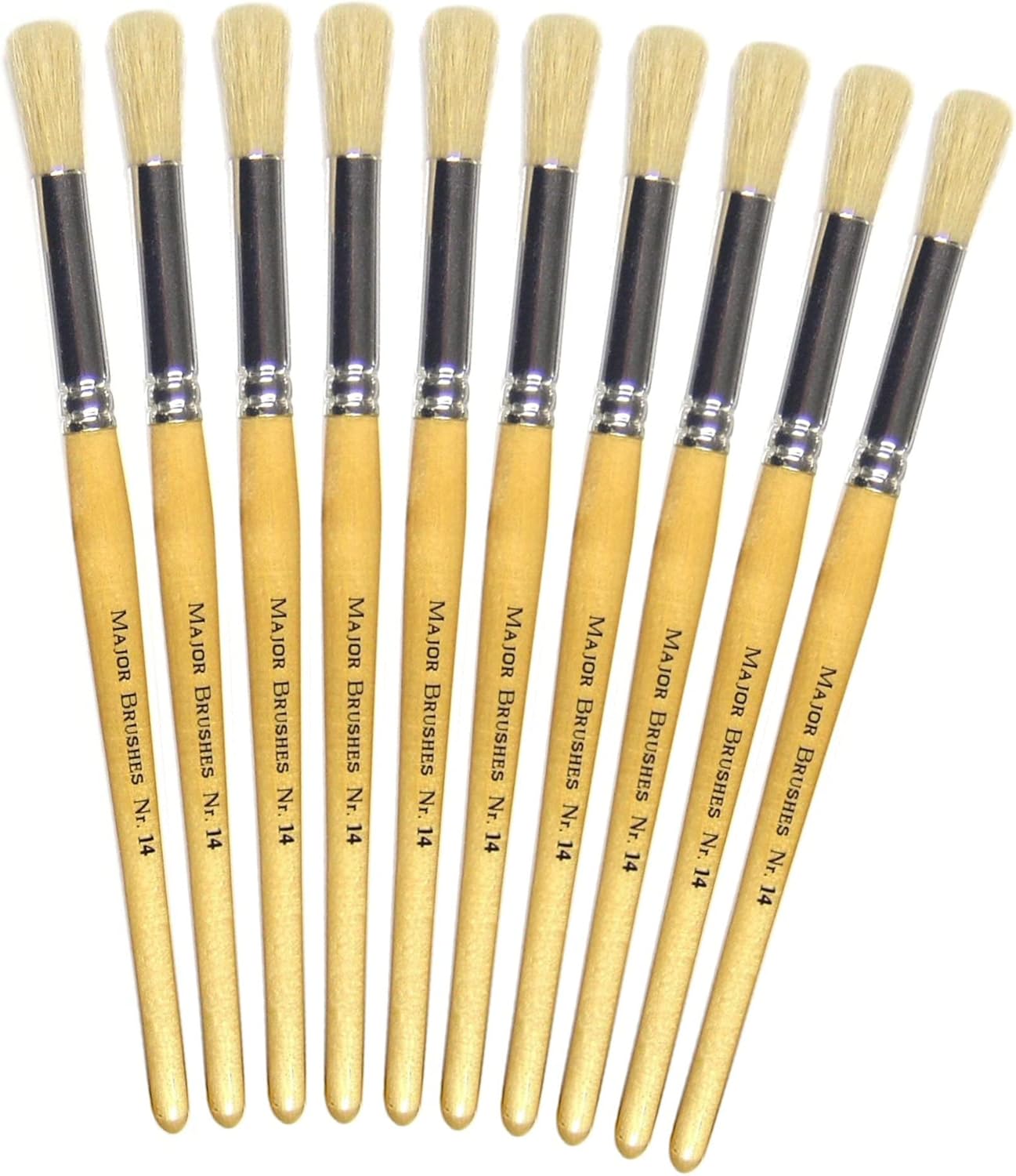 Major Brushes Hog Bristle Short Round Brushes Size 14 Pack of 10