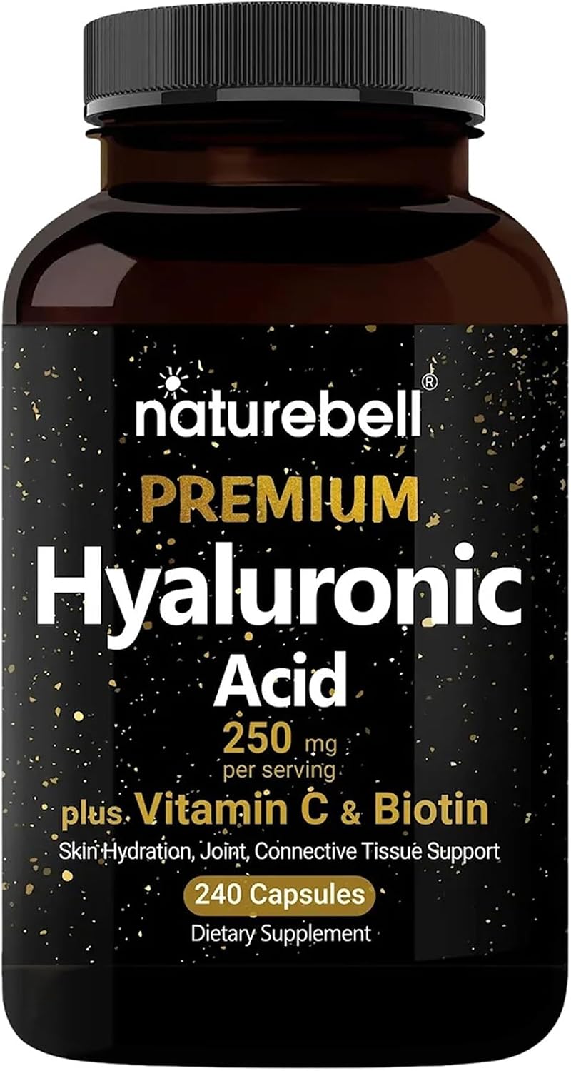 NatureBell Hyaluronic Acid 250mg, 240 Capsules | 250mg Hyaluronic Acid for Skin*, 5000mcg Biotin for Hair Growth*, 25 mg Vitamin C, Supports Bone, Eye & Joint Health*
