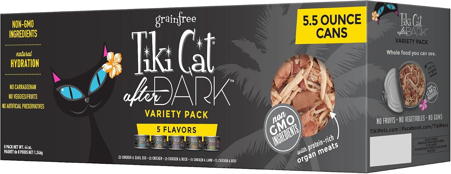 TIKI PETS Cat After Dark Canned Wet Food Grain Free with Organ Meats for Cats and Kittens Variety Pack 8 cans 5.5 oz