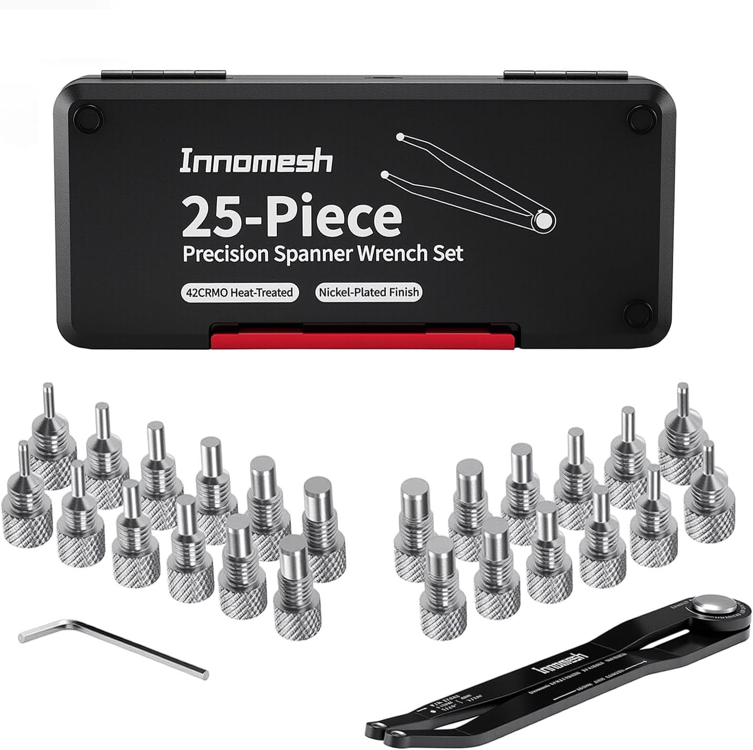 25 Piece Pin Spanner Wrench Set,42CRMO Heat-Treated,Nickel-Plated Finish,Adjustable Spanner Wrench for Bearings,Pulleys & Lock Nuts,Metric & Imperial Precision Pin Wrench,160mm Arms,180° Rotation