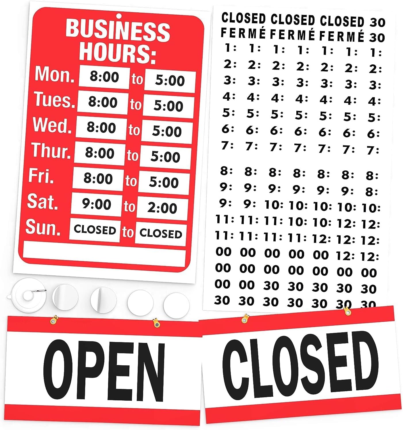 Opening Hours Sign Kit - Bright Red and White Colors - 7.7 x 11.7" - Includes Open & Closed Signage and Number Sticker Set - Ideal Opening Time Sign for Shop Window