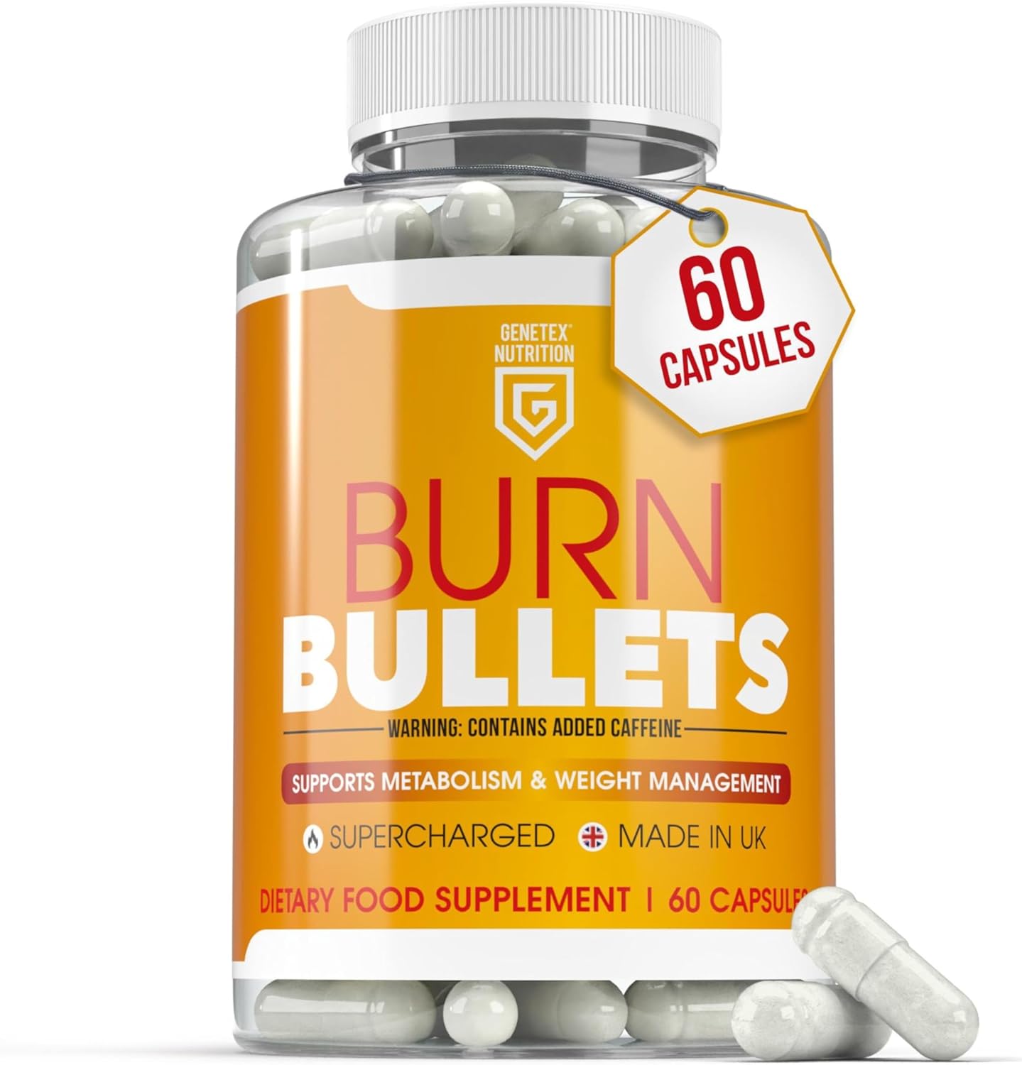 Burn Bullets Capsules for Metabolism & Weight Management Support | 60 Vegan Capsules | Supercharged Energy Boost, Natural Extreme Fat Burner, Caffeine Powered | UK Made | Plant-Based Supplement