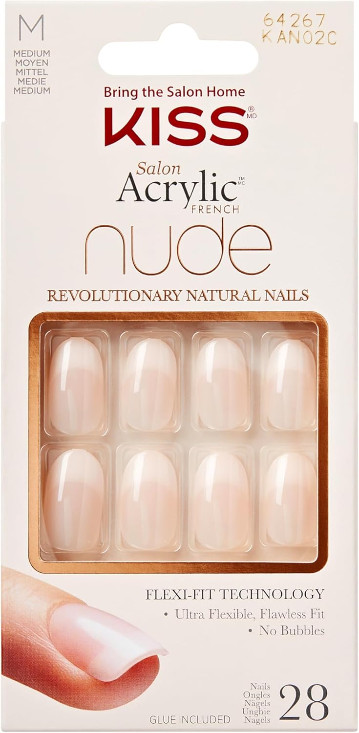 KISS Salon Acrylic French Nude Collection, Graceful, Medium Length Nude Fake Nails, Includes 28 False Nails, Nail Glue, Nail File, and Manicure Stick (Packing May Vary)