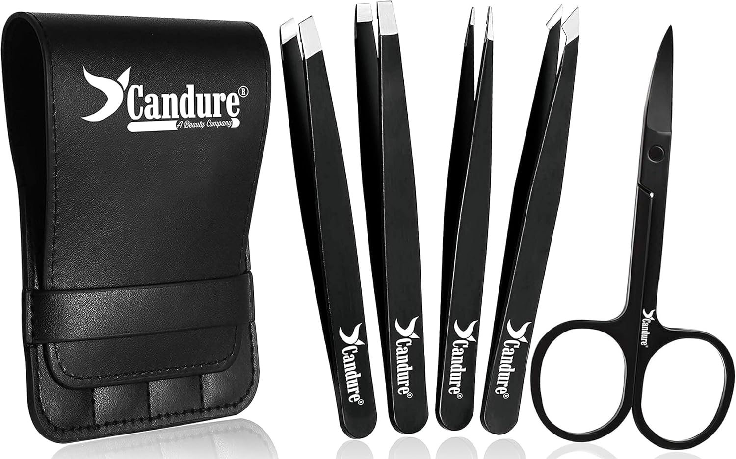 Candure Tweezers for Facial Hair Women & Men - Eyebrow Tweezers Set with Scissors Stainless Steel Precision Classic, Slant, Pointed, Pointed Slant Tools for Ingrown Facial Hair 5Pcs