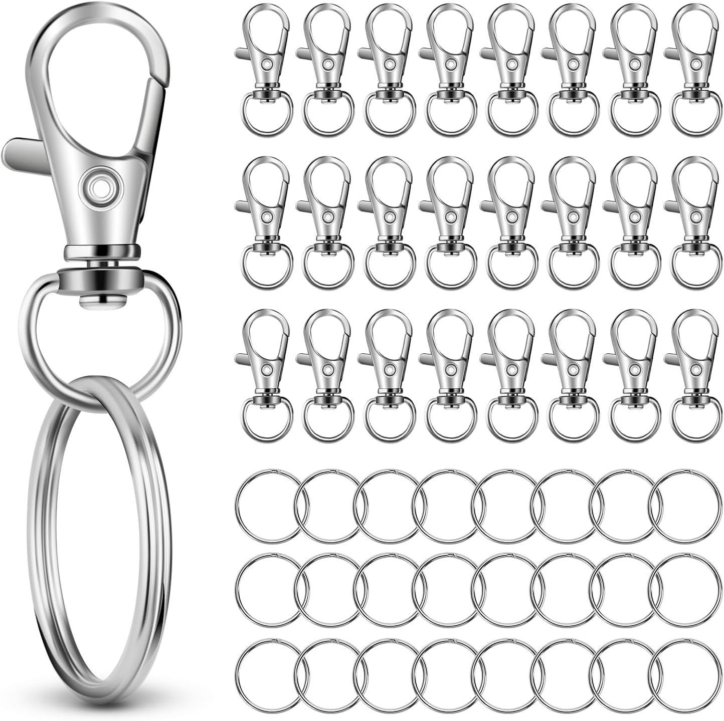 50 PCS in 25 Sets, Metal Swivel Lobster Claw Clasps, Keychain Clip with Large Key Ring, Premium Keychains Clips, Snap Hooks and Sturdy Key Rings, for Key Chain Making Kit,HnoaTovy (Silver)