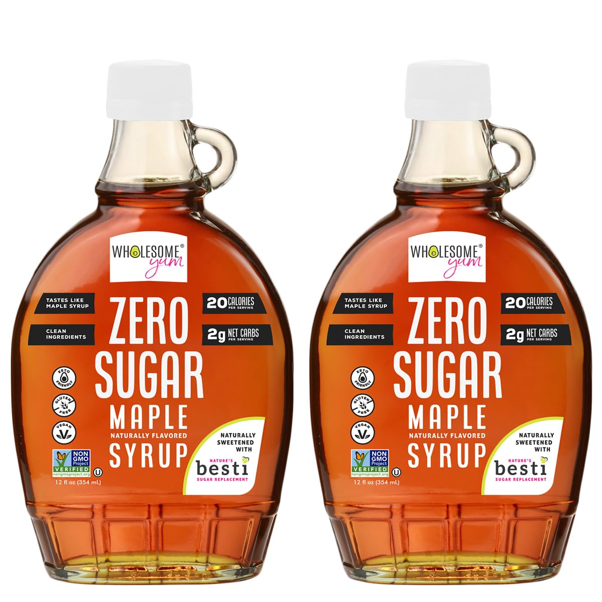 Wholesome Yum Zero Sugar Keto Maple Syrup, Monk Fruit & Allulose, 2 Pack | Natural Sugar Free Pancake Syrup. Low Carb, Gluten-Free, Vegan, Non GMO, No Erythritol, No Aftertaste (2 X 12 fl oz)