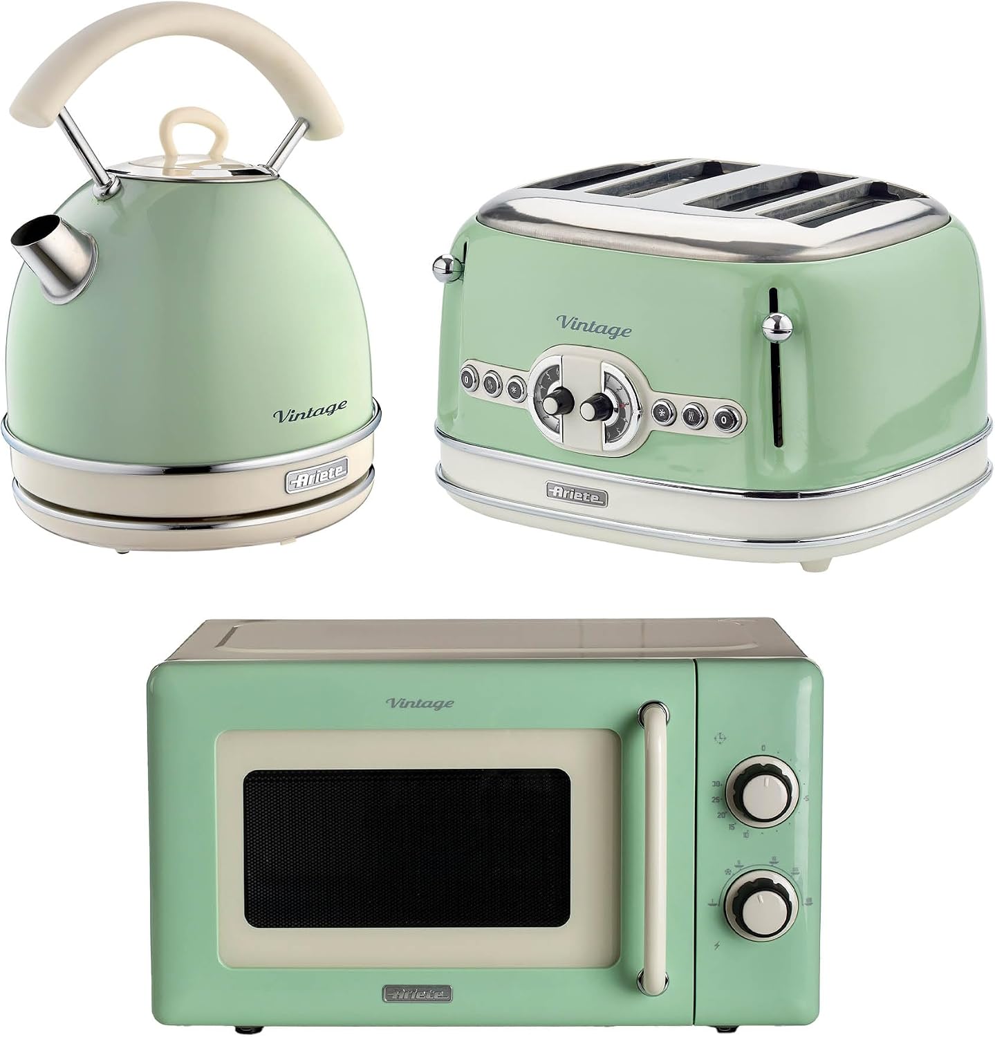 Ariete Vintage Breakfast Set, Retro 4-Slice Toaster with 6 Browning Levels, 2000W Fast-Boil Kettle & 800W Microwave, Green