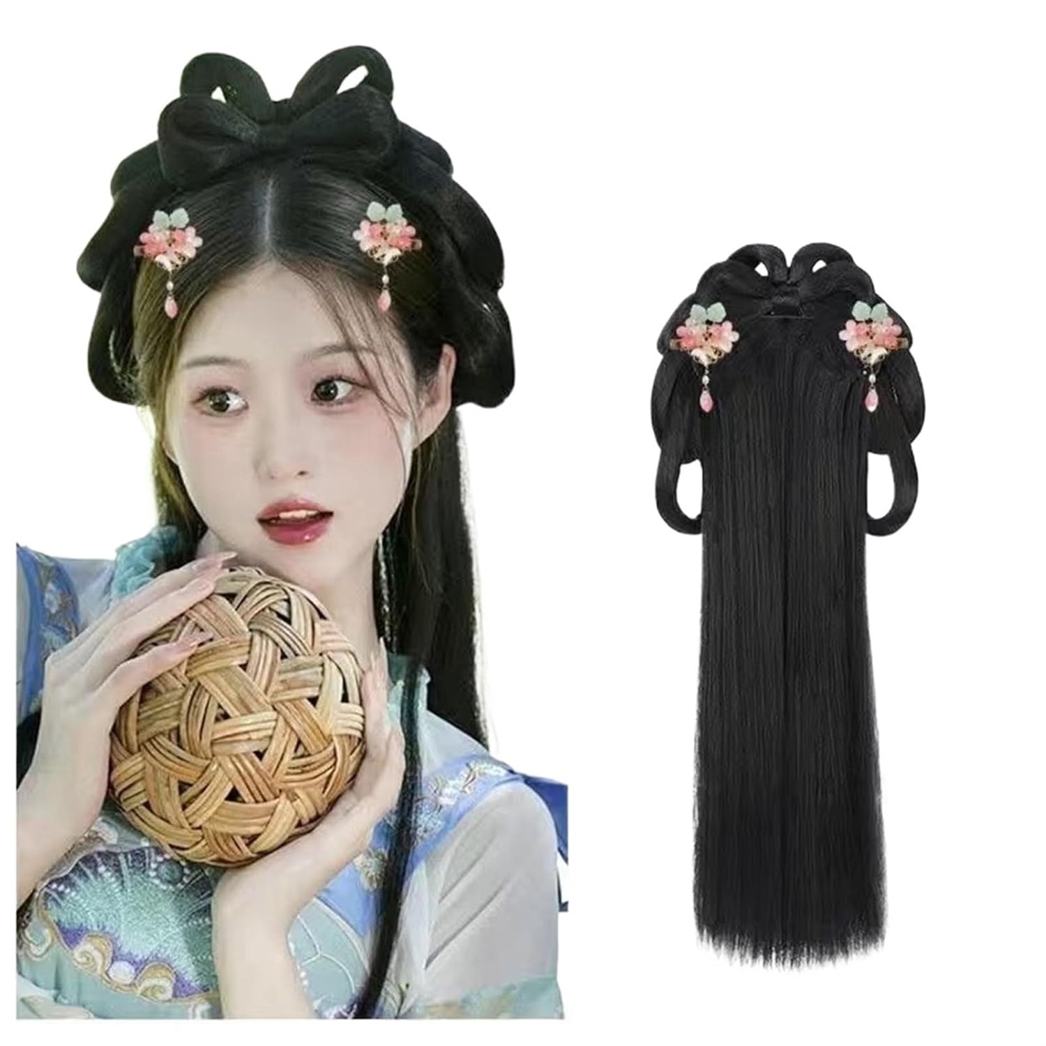Women Chinese Style Wig Geisha Headband Wigs Hanfu Wig Cosplay Chinese Headwear Wig Dance Wigs Bun Hair Pieces(Wig+huajiao)