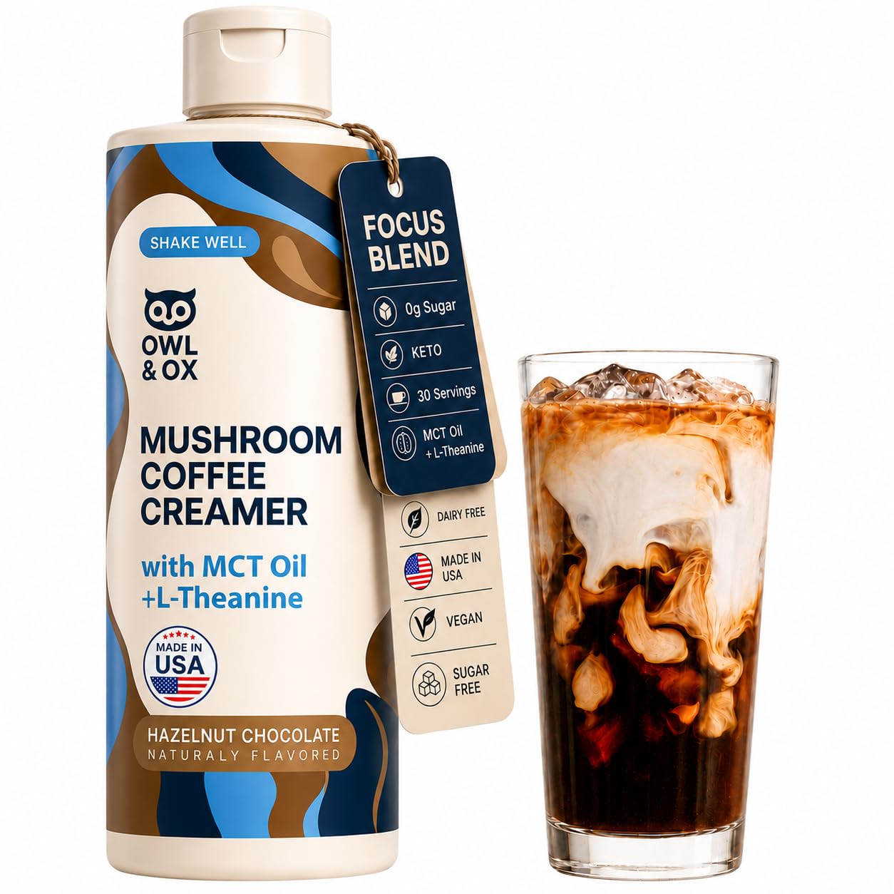 Mushroom Coffee Creamer with MCT Oil Blend & L-Theanine | MCT Coffee Creamer, Keto Coffee Creamer, Dairy Free, Sugar Free, Vegan, Plant Based, Hazelnut Chocolate Flavor, 30 Servings | Made in USA