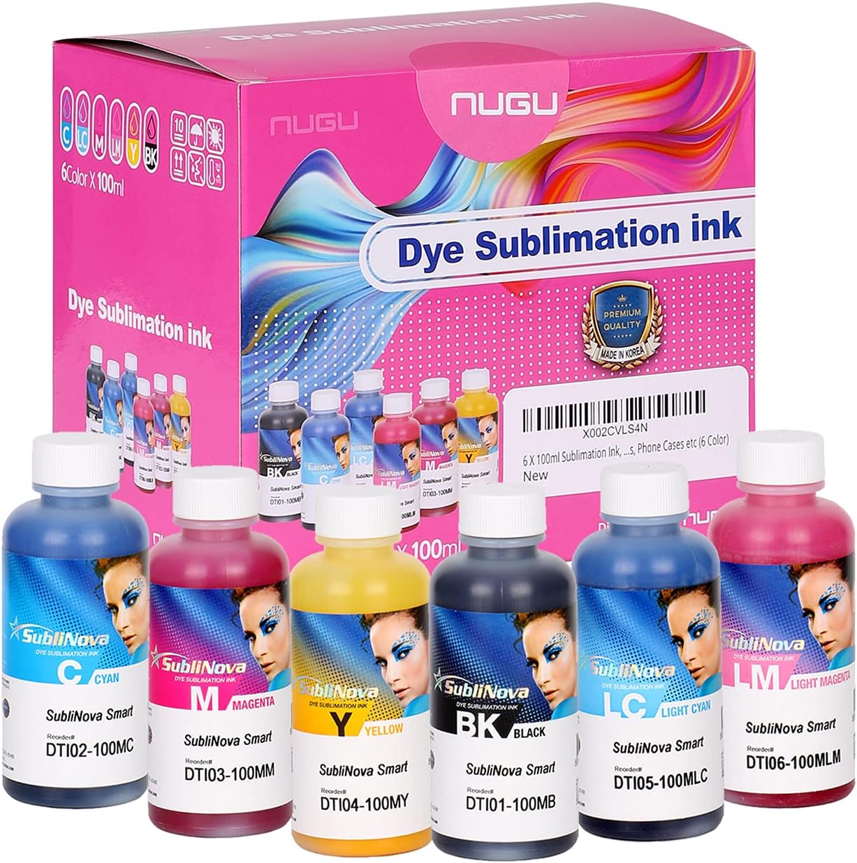 NUGU 6 X 100ml Sublimation Ink, High Density Professional Dye Sublimation Ink, Made by in Korea, for Inkjet Printers, Heat Transfer on Mugs, t-Shirts, Phone Case etc. (6 Color) Refill Bottles Set