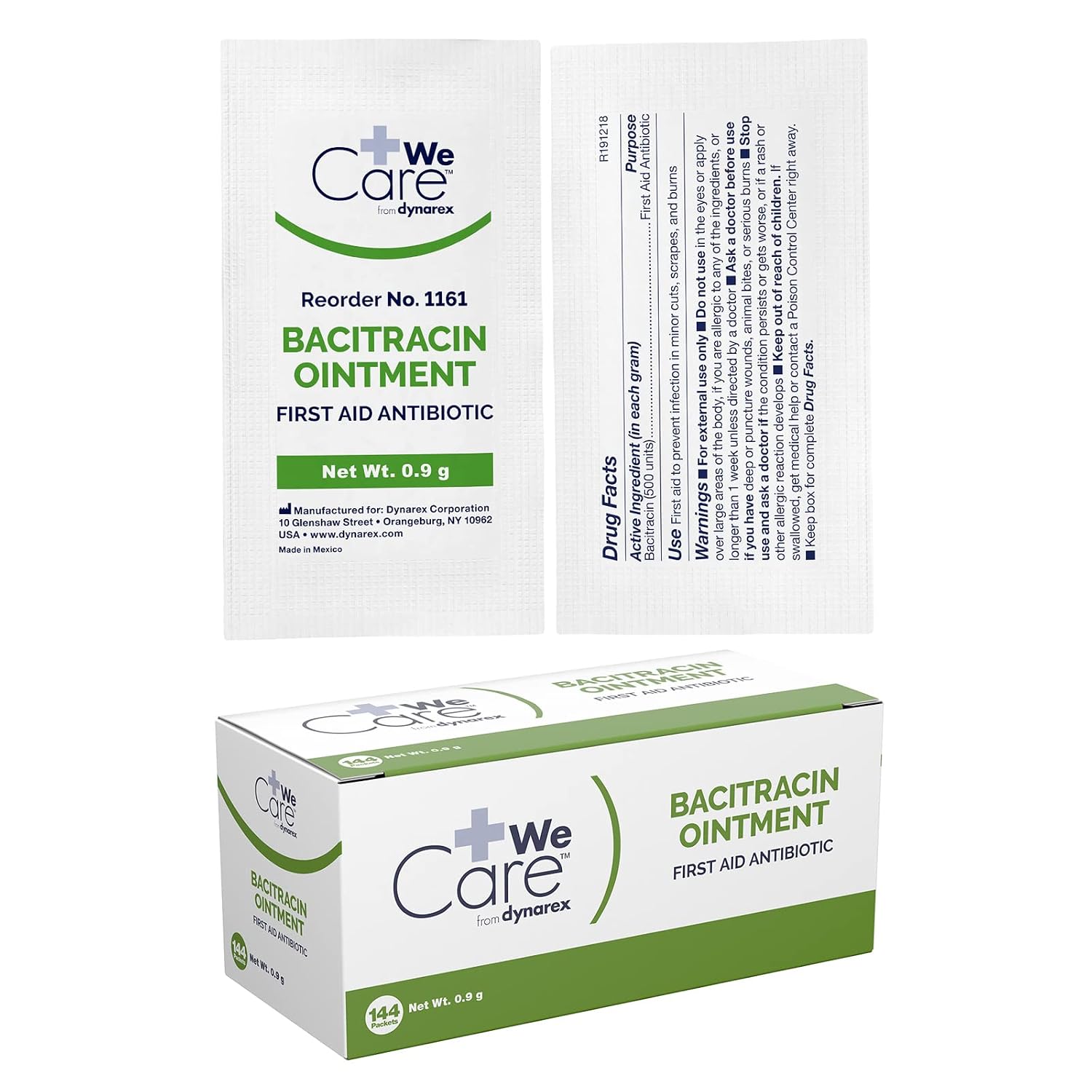 Dynarex Bacitracin Topical Ointment USP - First Response Wound Care Supplies for Minor Cuts, Scrapes & Burns - Helps Keep Wounds Clean - 1 Box of 144-0.9g Packets