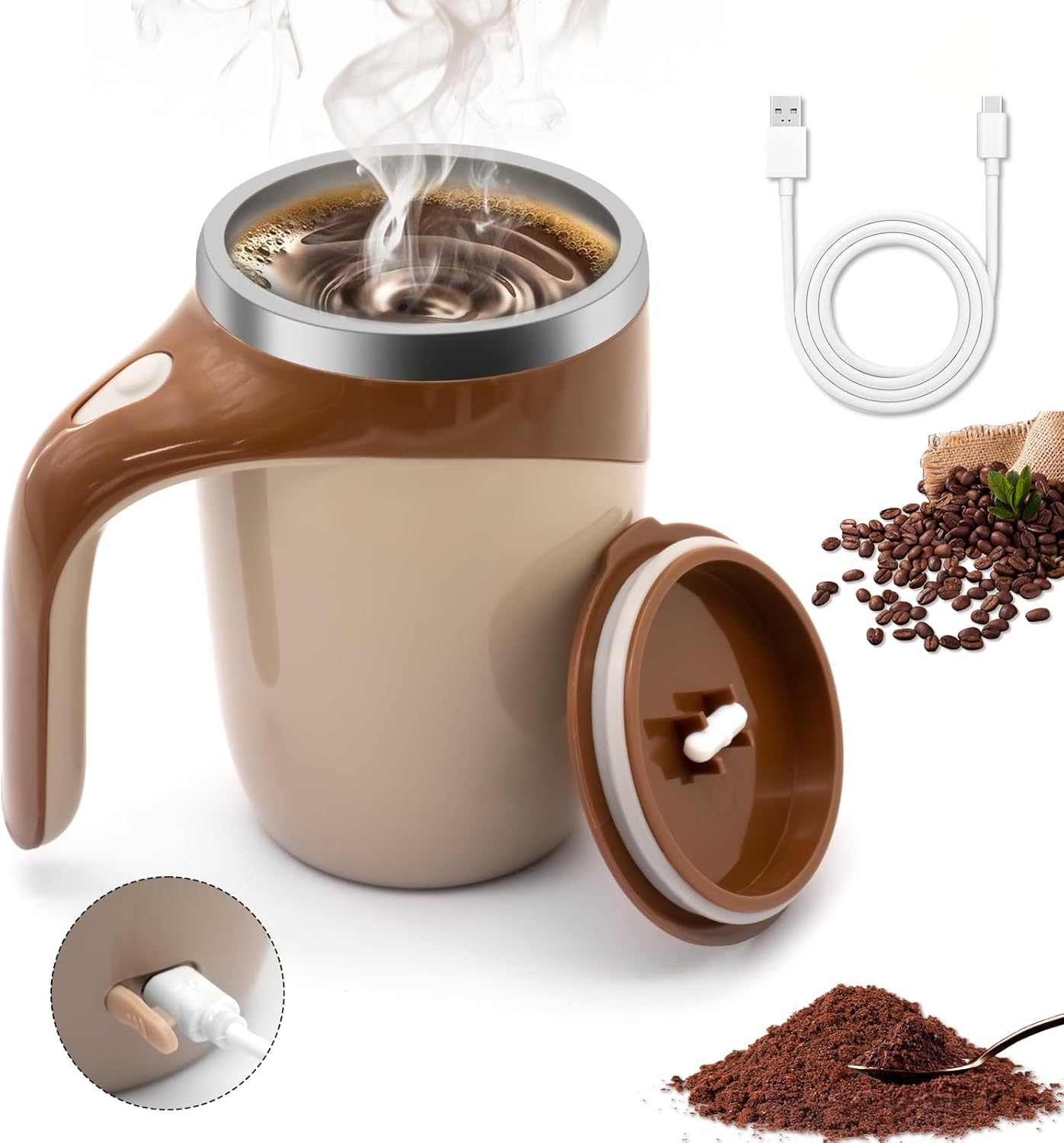 Rechargeable Automatic Coffee Stirring Mixing Mug,Stirring Coffee Mug, Electric Funny Self Mixing Cup, Stainless Steel Travel Cup for Office, Home, Kitchen (Brown)