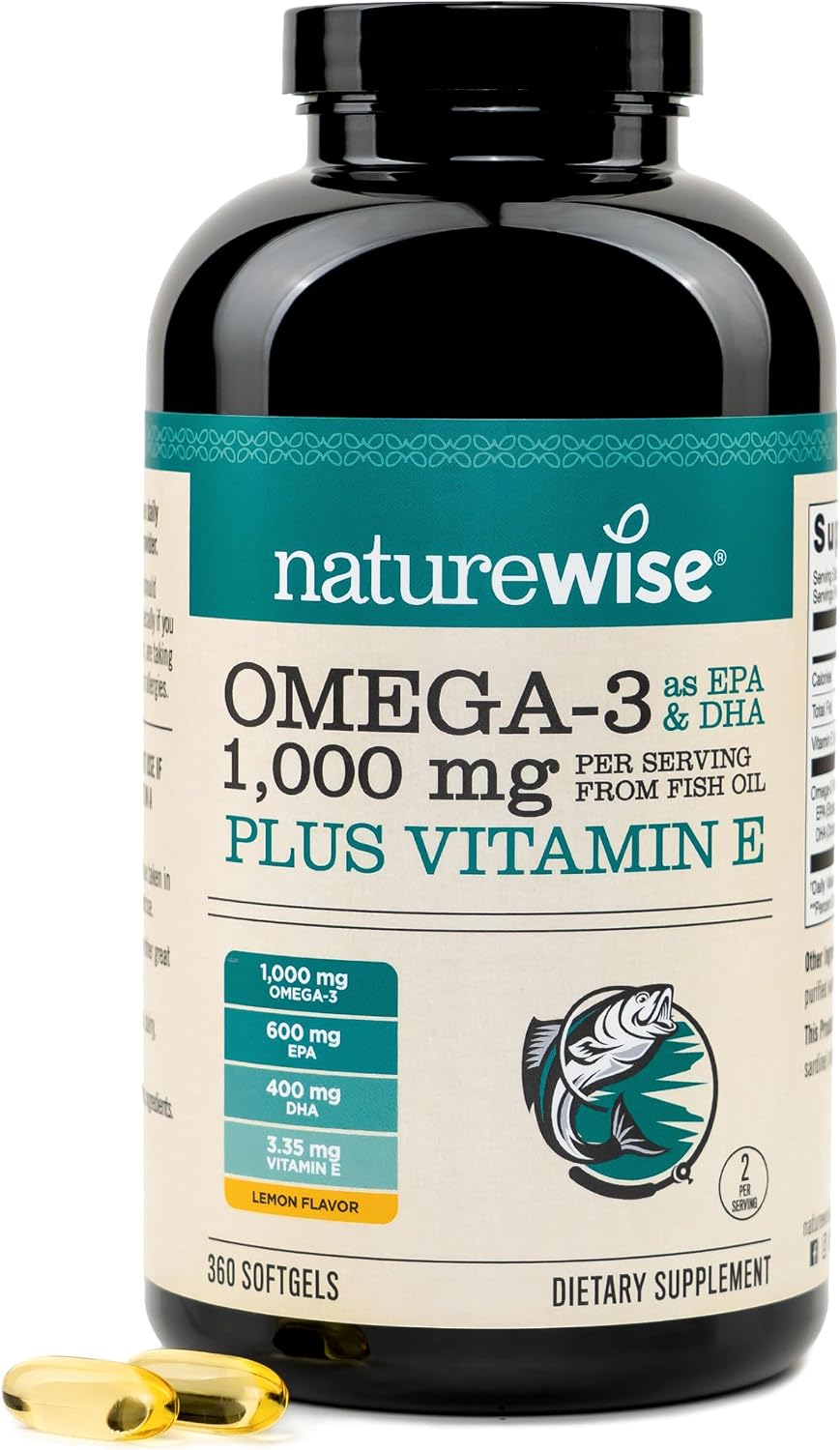 NatureWise Extra-Strength Omega 3 Fish Oil Supplement - 1000mg per Serving - 600 EPA & 400 DHA and Vitamin E - Sustainably Sourced Fish Oil - Lemon Flavor - 360 Softgels[6-Month Supply]