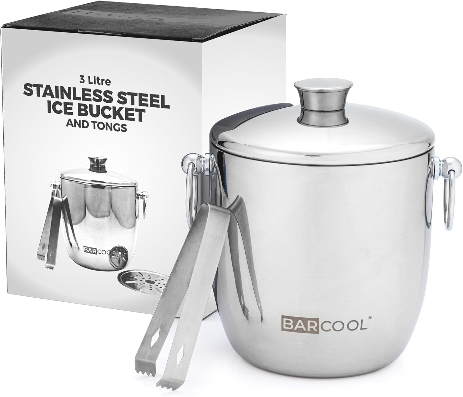 Barcool 3L Double-Walled Stainless Steel Ice Bucket with Lid & Tongs - Vacuum Insulated, Perfect for Champagne, Cocktails, Parties, Indoor & Outdoor Bar Use