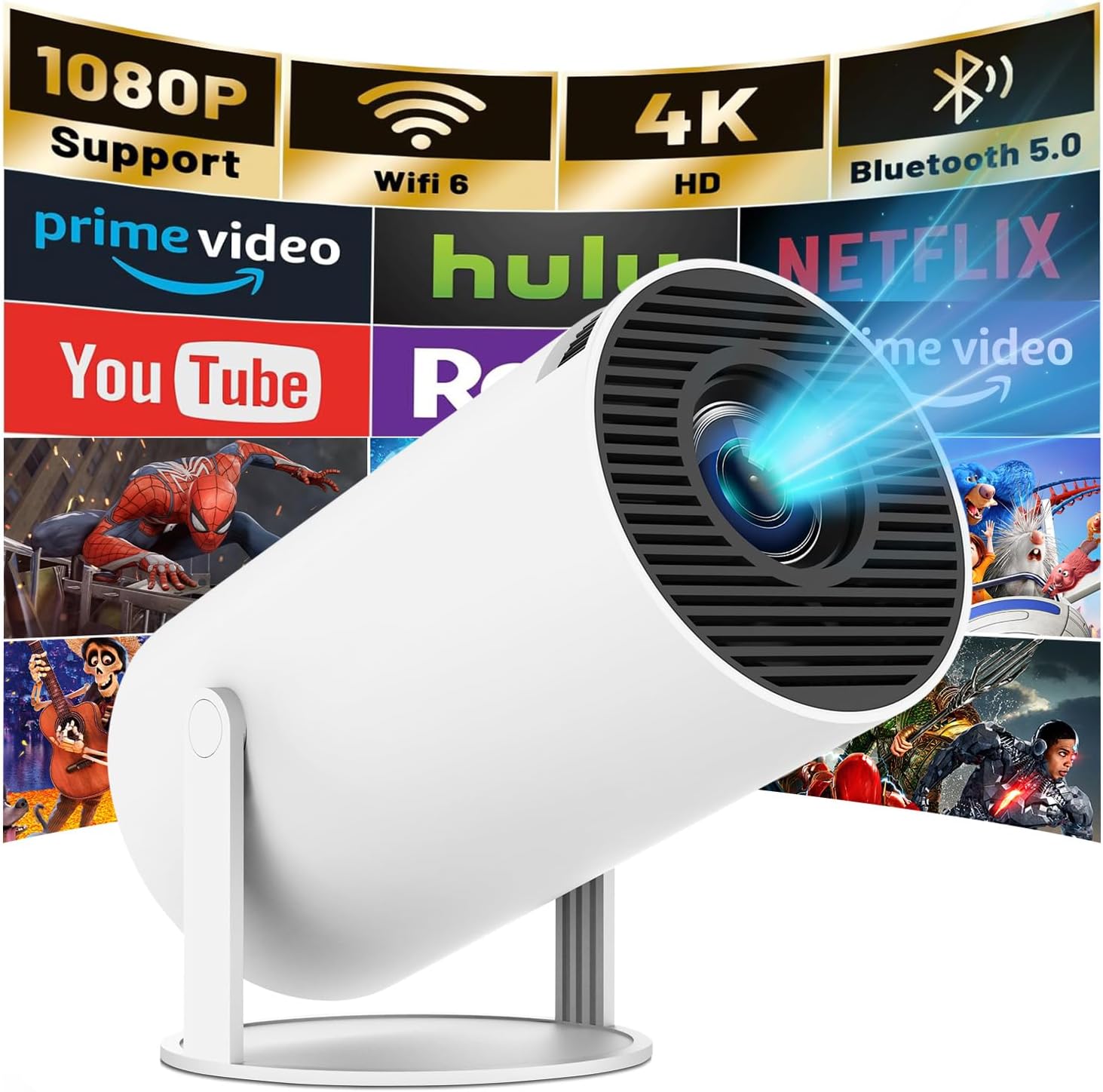 Mini Projector with WIFI 6 and Bluetooth, Upgrade Style HY300PRO 4K 1080P Support Portable Projector, Built-in App, Android 13, Auto Keystone Correction, Video Projector for Laptop, PC, Smartphone