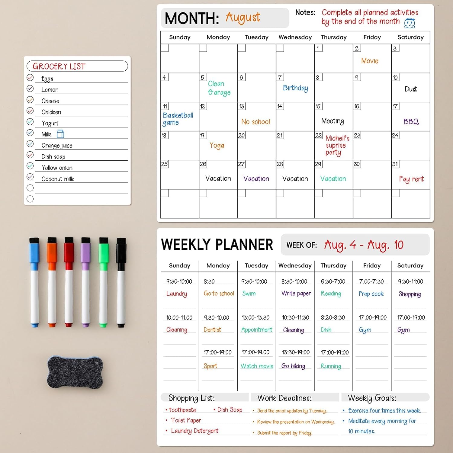LANDNEOO Magnetic Dry Erase Calendar for Refrigerator, 3 Pack-Monthly, Weekly, Daily Magnet Fridge Whiteboard Planner for Chore Chart, Menu, To Do List, 14"X11", w/ 6 Markers, Style 2