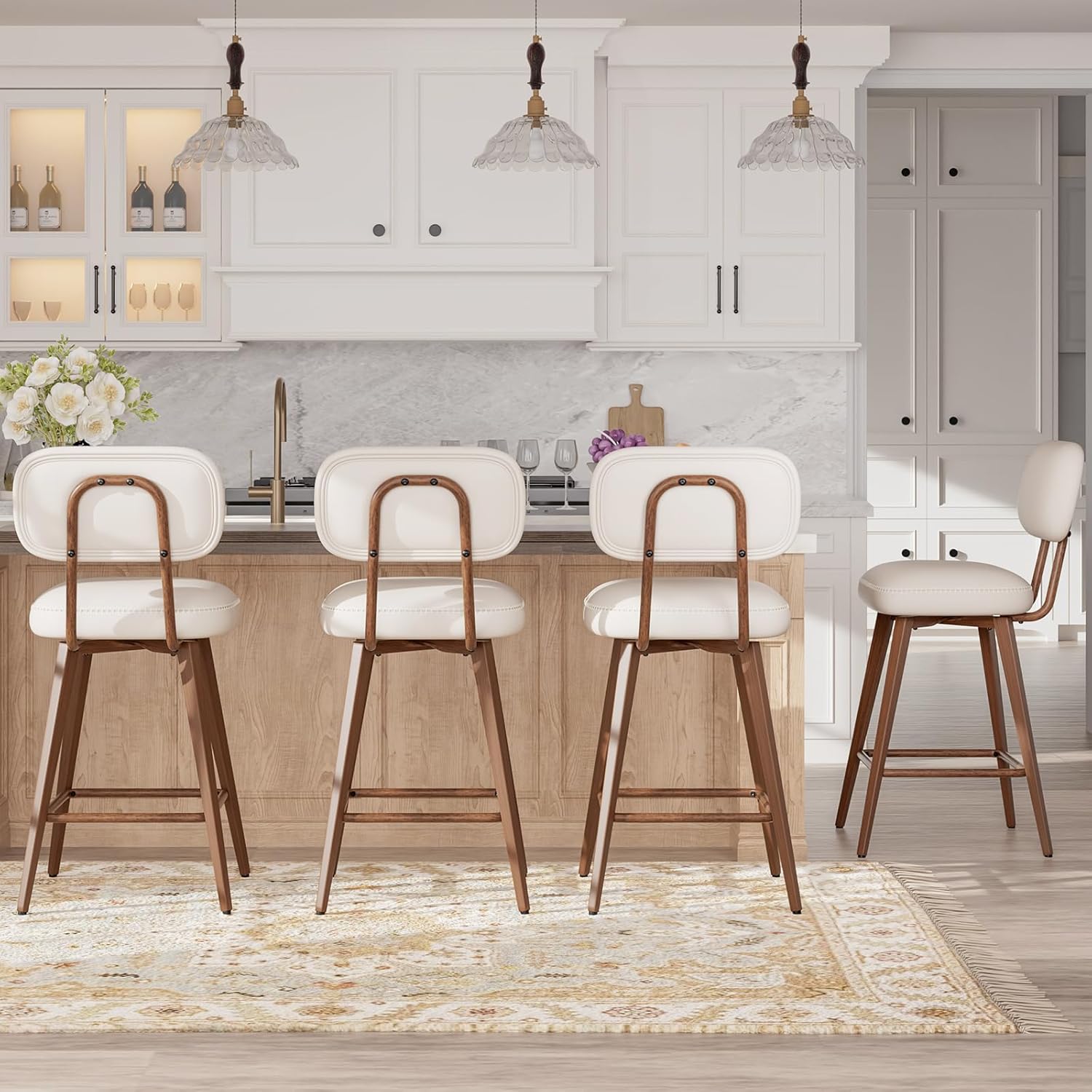 26“ Swivel Bar Stools Set of 4, Mid Century PU Leather Counter Height Bar Chairs with Low Back and Metal Legs, Modern Bar Stool Chair for Kitchen Island, Beige