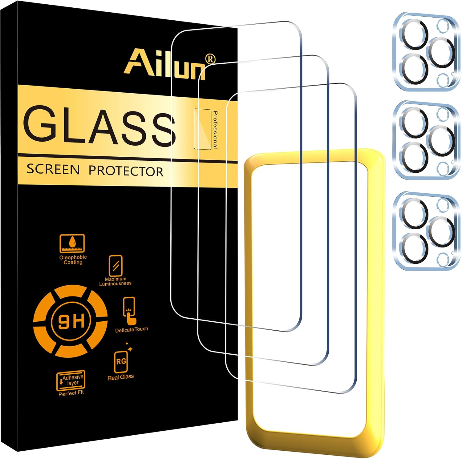 Ailun 3 Pack Screen Protector for iPhone 15 Pro [6.1 inch] + 3 Pack Camera Lens Protector with Installation Frame,Case Friendly Tempered Glass Film,[9H Hardness] - HD [6 Pack]
