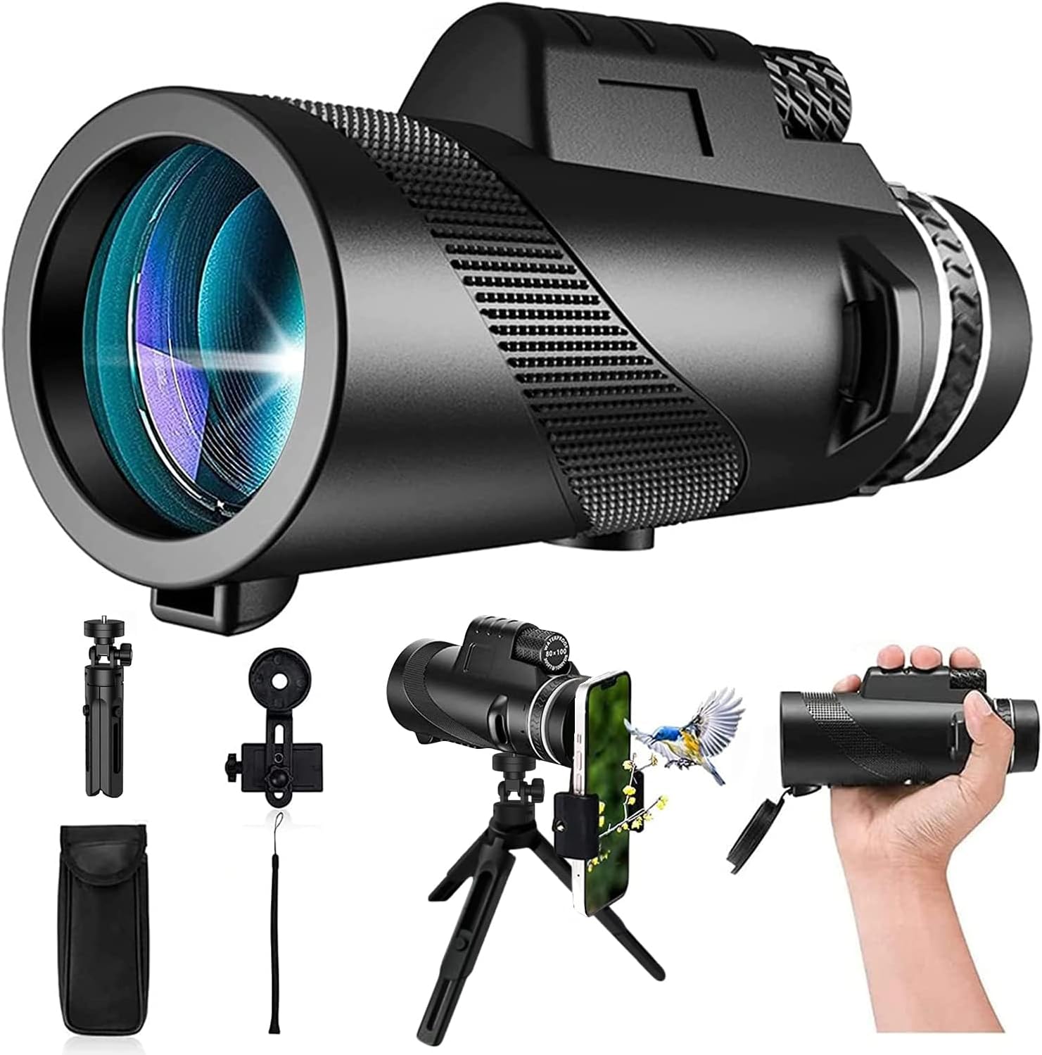 80x100 Monocular-Telescope High Powered for Smartphone Monoculars for Adults High Definition for Stargazing Hunting Wildlife Bird Watching Travel Camping Hiking
