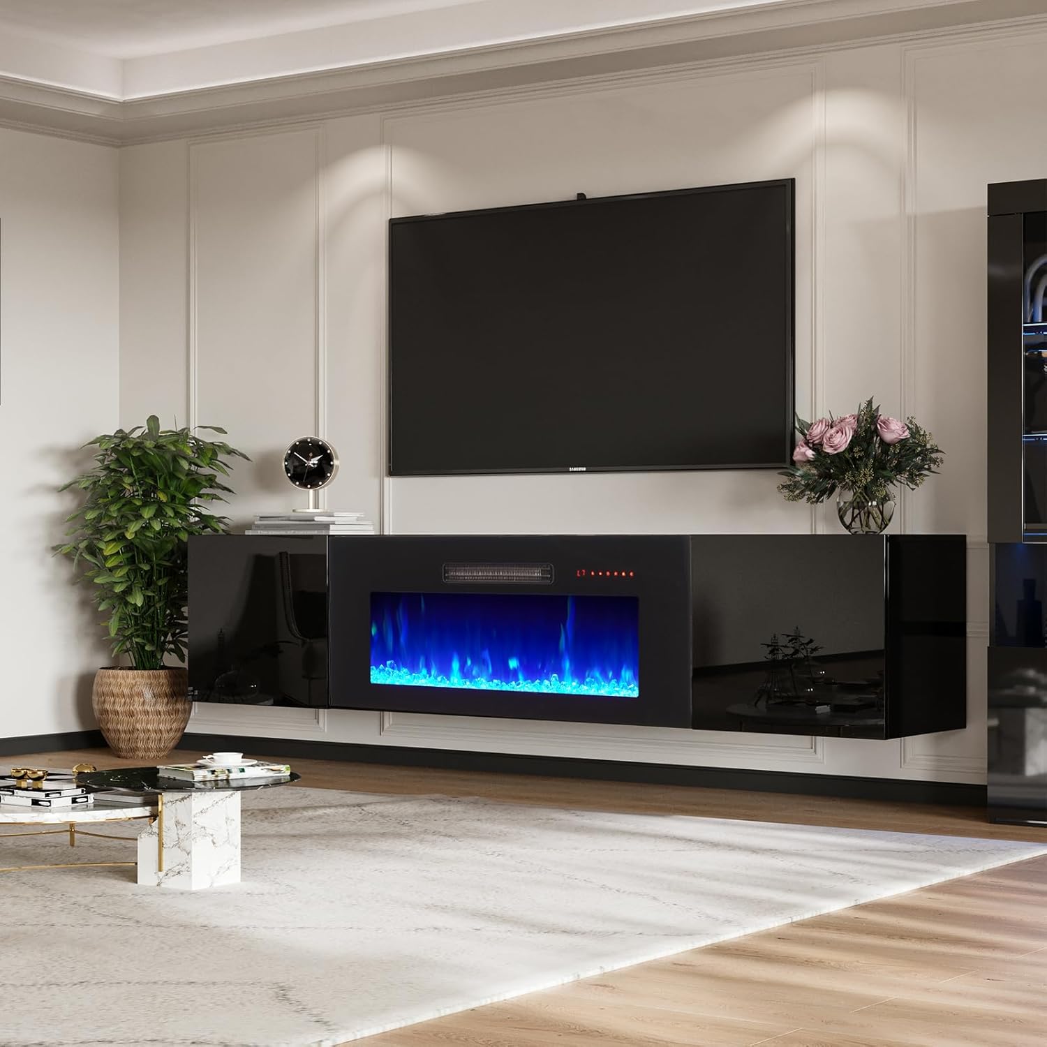 AMERLIFE Floating Fireplace TV Stand, Wall Mounted Mirrored Entertainment Center with 40" Electric Fireplace, Modern LED Lights Media Console for TVs Up to 90", Black