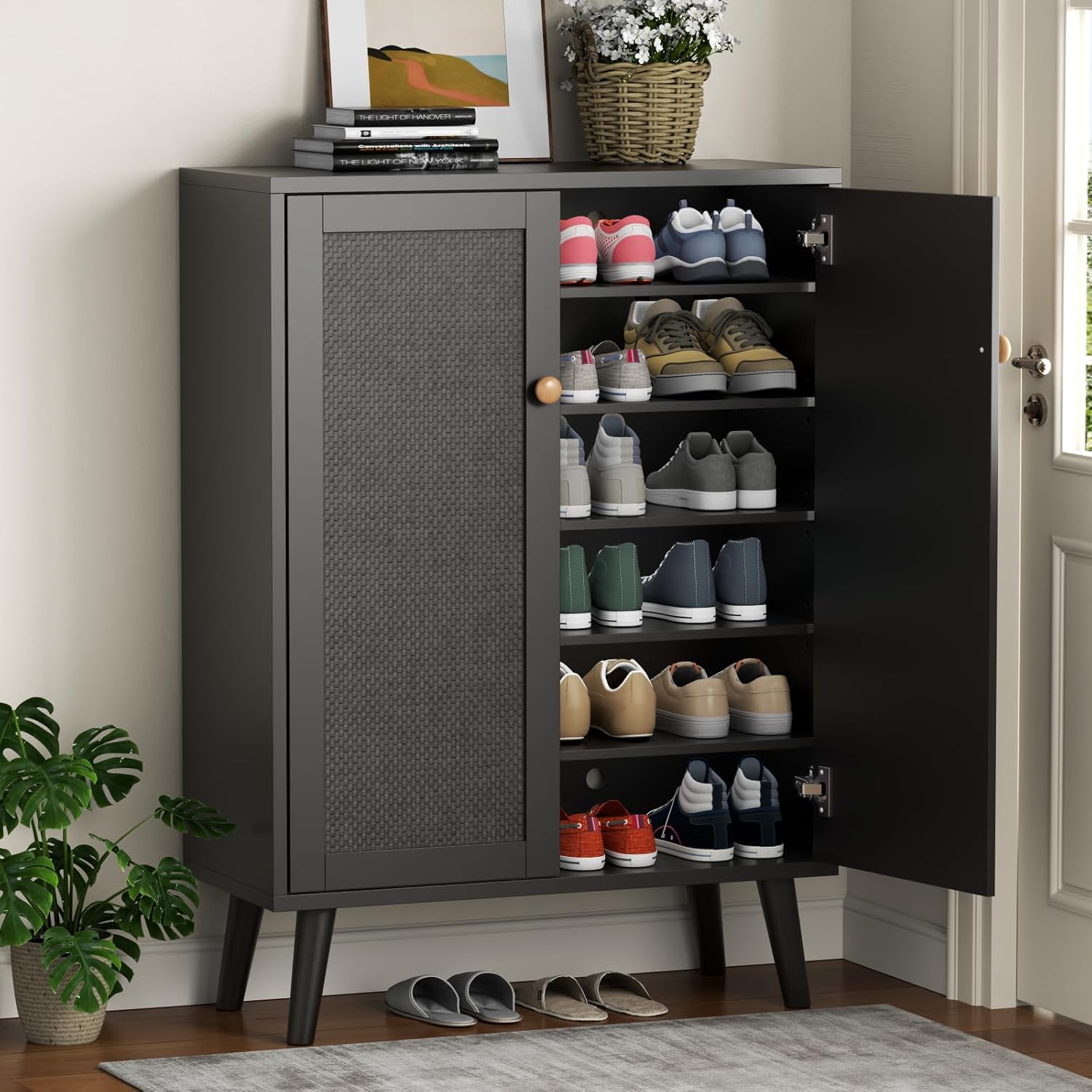 Loomie Rattan Shoe Cabinet, 6-Tiers Shoe Storage Cabinet for Entryway Hallway, 2 Door Accent Cabinet with Adjustable Shelves, 44" H Tall Sideboard Storage Cabinet Closet Living Room (Black)