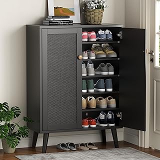 Loomie Rattan Shoe Cabinet, 6-Tiers Shoe Storage Cabinet for Entryway Hallway, 2 Door Accent Cabinet with Adjustable Shelves, 44" H Tall Sideboard Storage Cabinet Closet Living Room (Black)