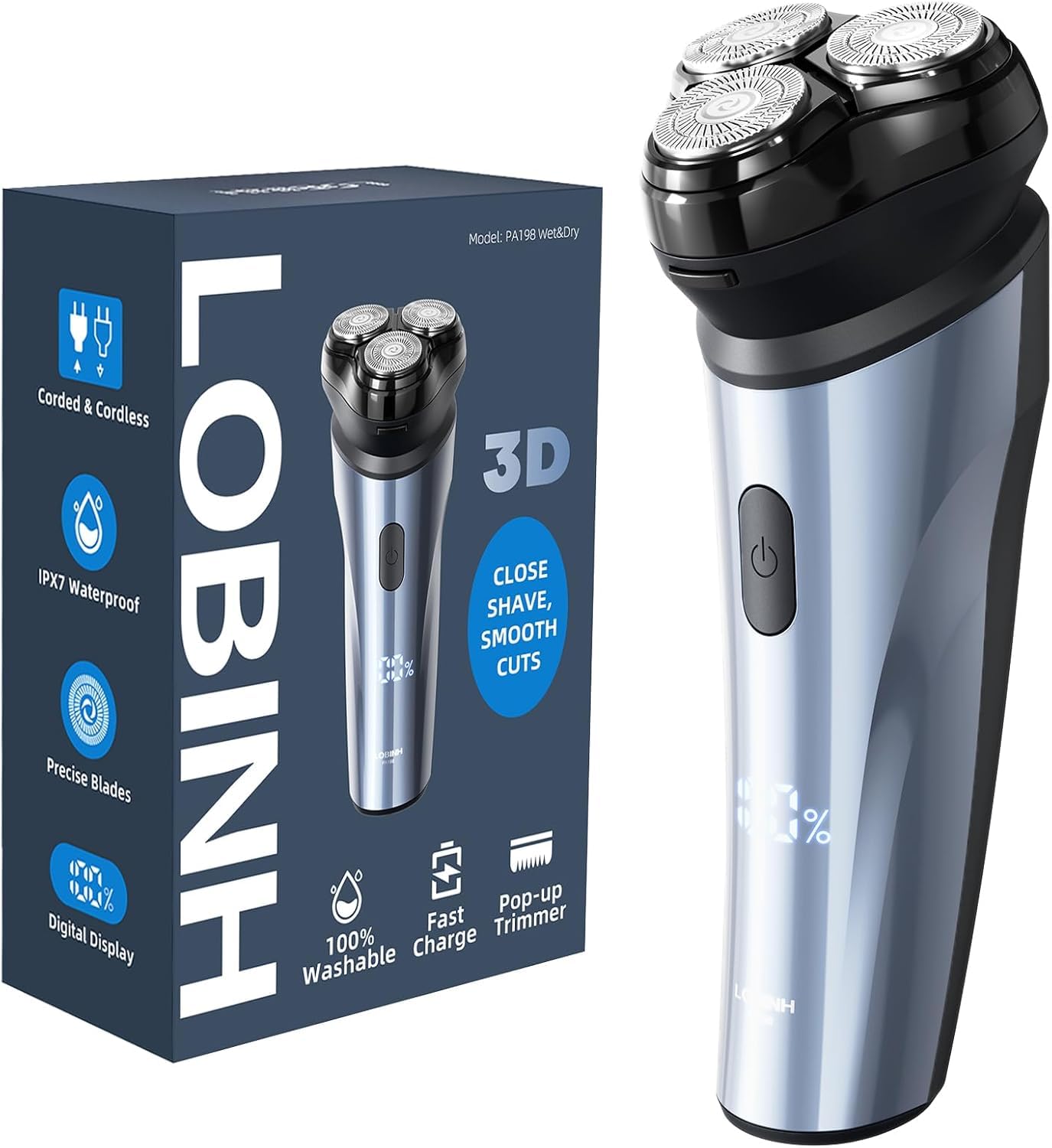 Electric Razor for Men, LOBINH 100% Washable Rechargeable Men's Rotary Shavers, Cordless Wet & Dry Shaver with Pop-up Trimmer, 1 Hour Fast Charging, 4D Floating Head, LCD Power Indicator