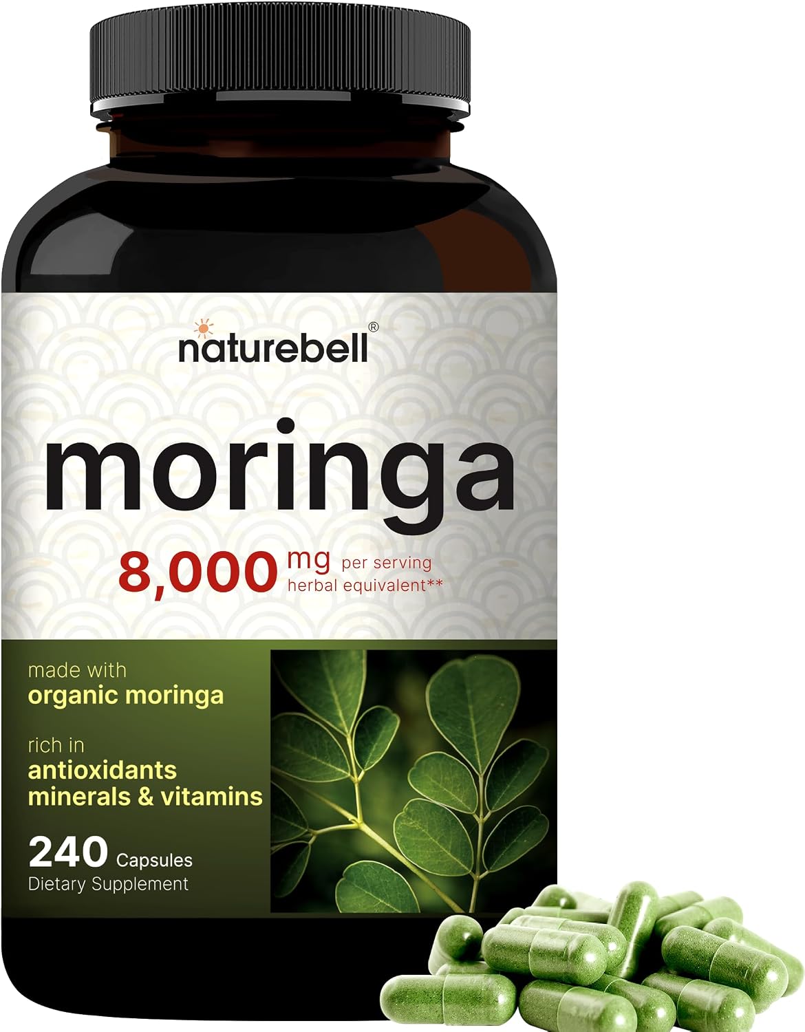 NatureBell Moringa Capsules 8000mg Per Serving, 240 Capsules | 4 Month Supply, Made with Moringa Powder Organic | Green Superfood, Skin Health & Immune Support | Non-GMO, Gluten Free