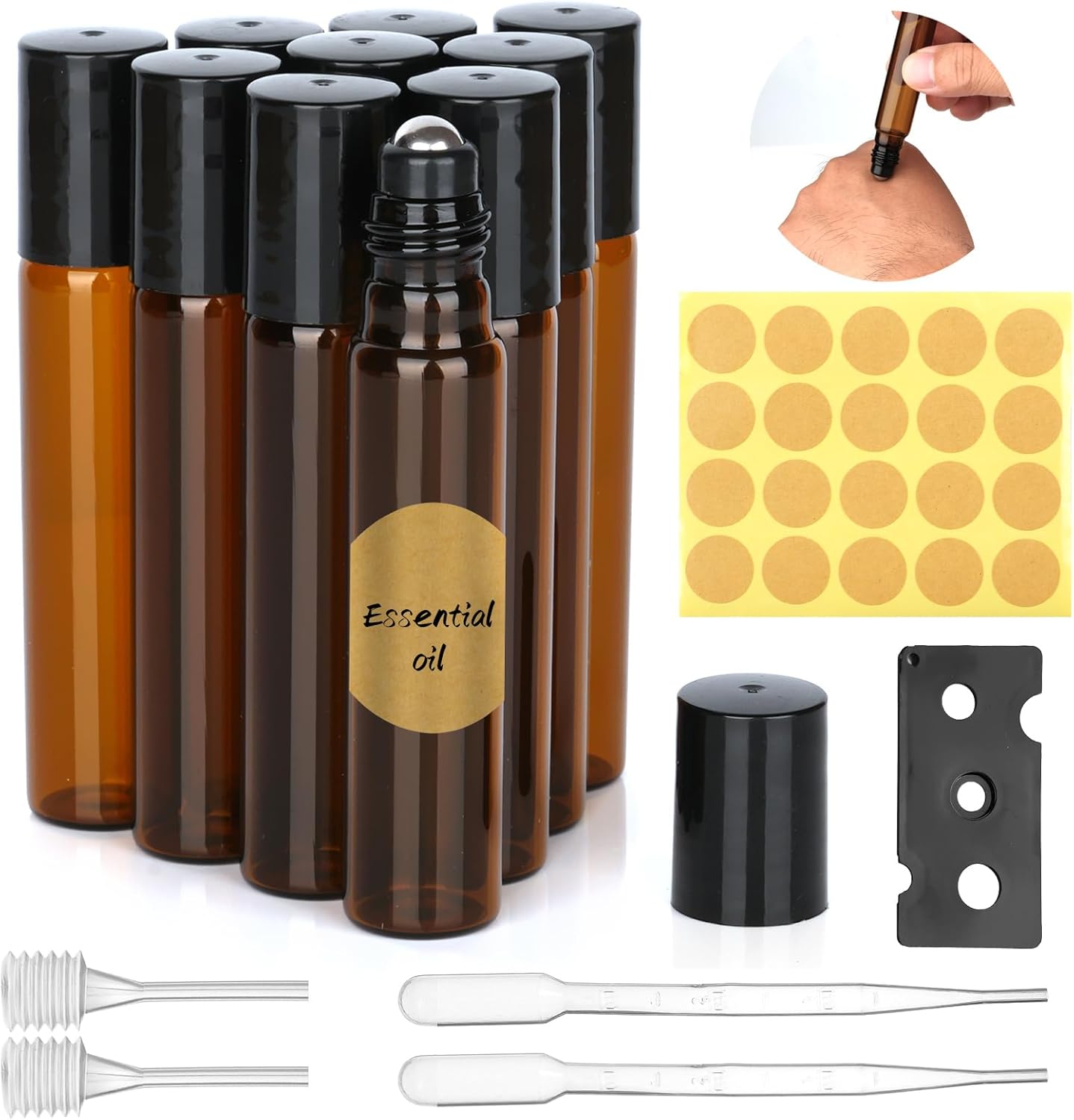 Essential Oil Roller Bottles, 10pc Set with Stainless Ball, 10ml Glass Bottles, Opener, Dropper, Pipette, Labels for Essential Oils & Fragrance - Brown
