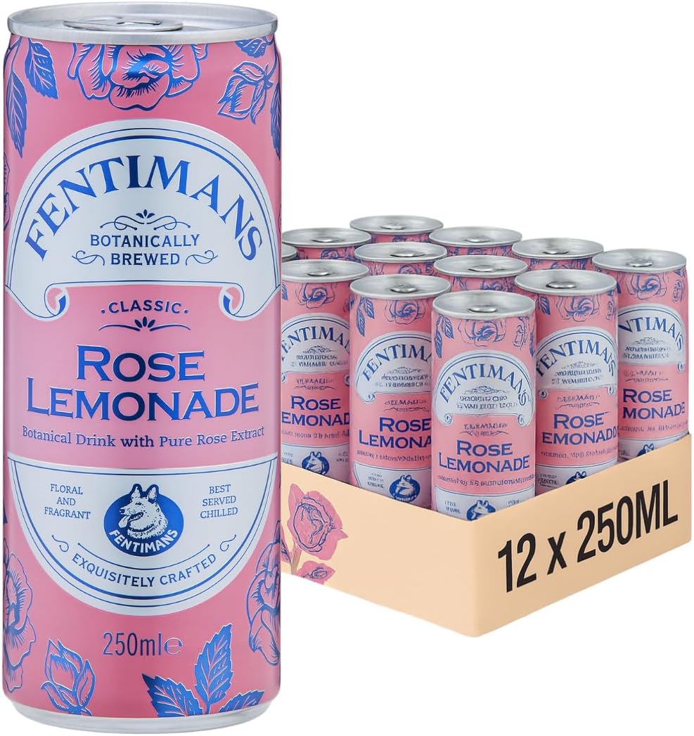 Fentimans Rose Lemonade - Botanically Brewed Lemonade made with Lemon Juice - Exquisitely Crafted and Refreshing Soft Drinks - Gluten-Free and Vegan Friendly Soft Drinks - 12 x 250 ml Cans
