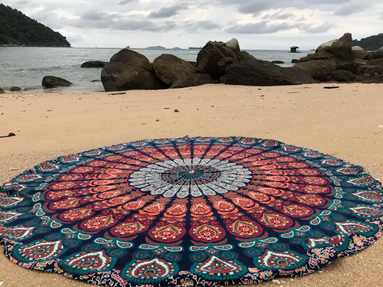 raajsee Blue Orange Round Beach Tapestry Hippie/Boho Beach Blanket Mandala/Indian Cotton Throw - Round Tablecloth/Home Decor/Indie Rug Yoga Mat Meditation Picnic Rugs 178 CM / 70 INCHE Circle