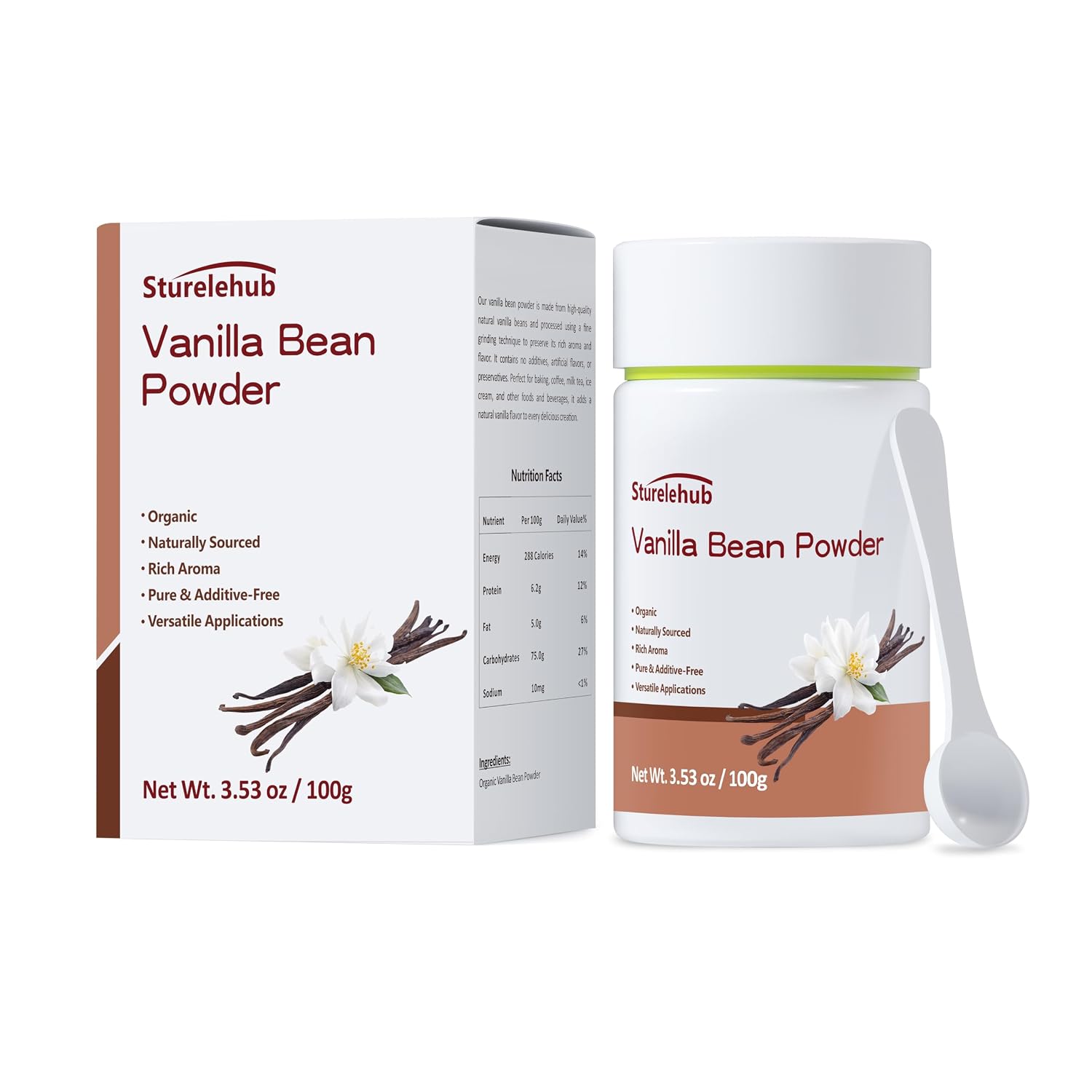 Sturelehub Vanilla Bean Powder, 3.53oz / 100g, 100% Pure Ground Vanilla Bean Powder, No Additives, Vegan, Great for Coffee, Desserts, Cooking, Baking