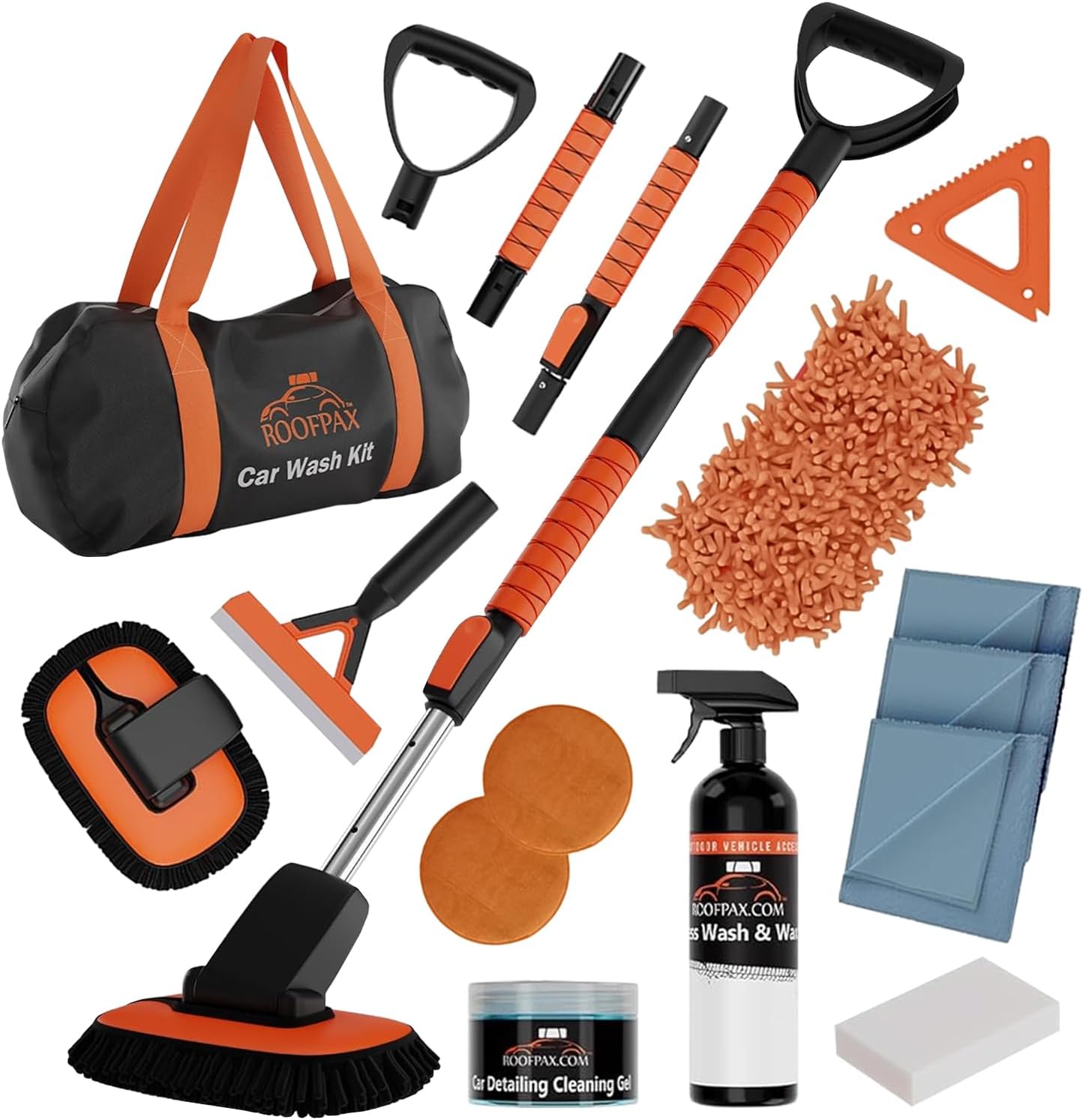 RoofPax Premium Car Wash Detailing Kit with 48.8" Extendable Telescoping Handle Chenille Microfiber Car Brush Wash Mop Mitt Scratch-Free Duster Exterior Magic Sponge & Cleaning Kit for All Vehicles