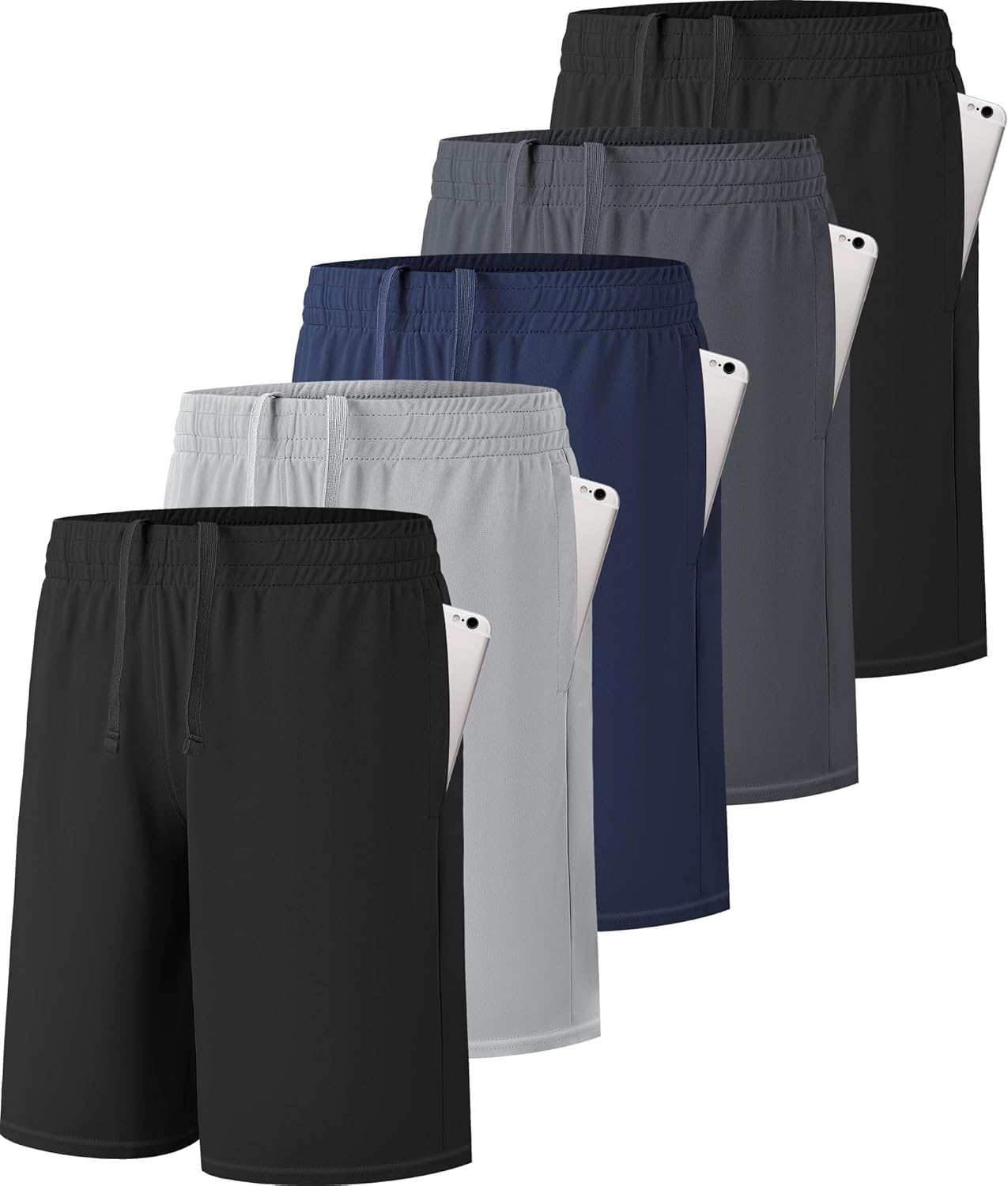 5 Pack Boys Athletic Shorts Active Performance Youth Kids Basketball Shorts Quick Dry with Elastic Waist Pockets
