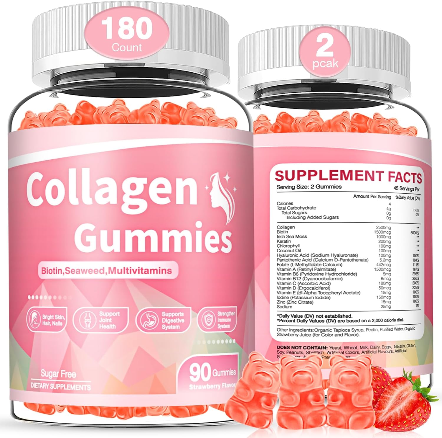180 Count Collagen Gummies 2500mg Collagen Protein Type I II III V X with Biotin Vitamins C A B D E Keratin Hyaluronic Acid for Hair Skin Nails Joint Immune Digestion for Women Men Sugar Free