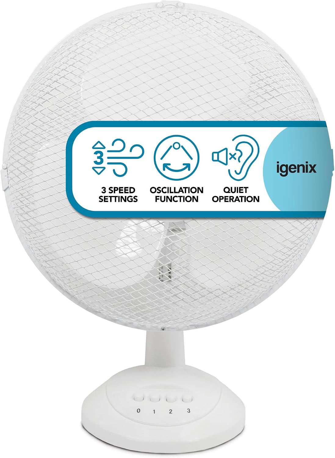 Igenix DF1210 12” Portable Desk Fan – 3 Speed Settings, Quiet Oscillating Airflow, Compact Desktop or Bedside Cooling – Ideal for Home & Office – White
