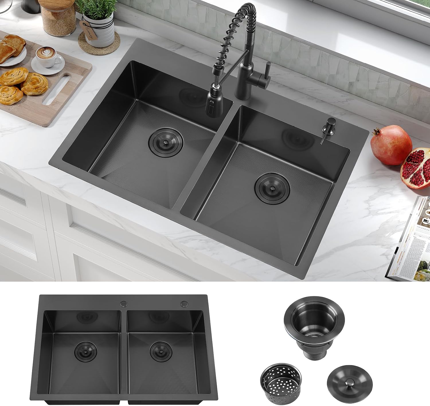 ATTOP 33 Inch Black Drop in Double Bowls Kitchen Sink